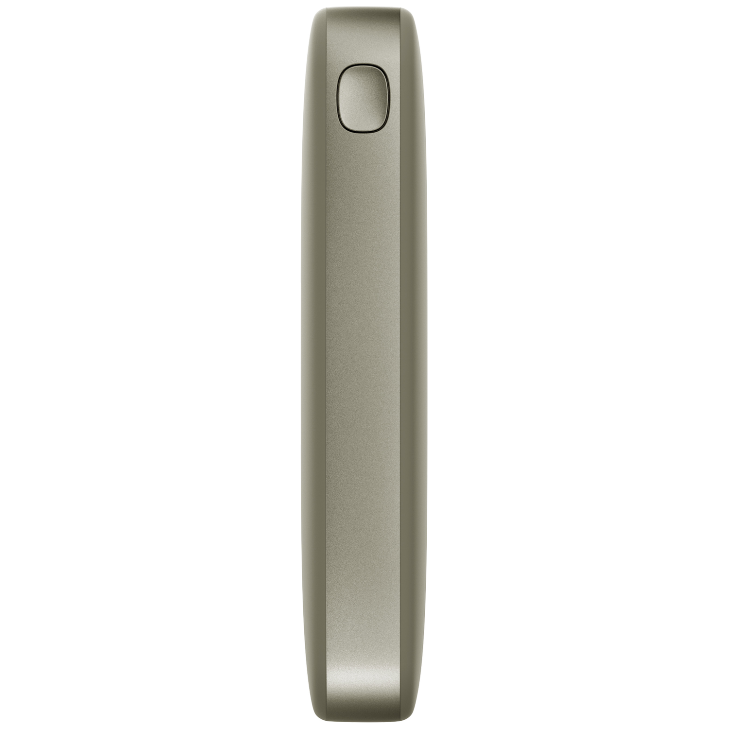 Une batterie externe grise et allongée avec un bouton d'alimentation ovale.
