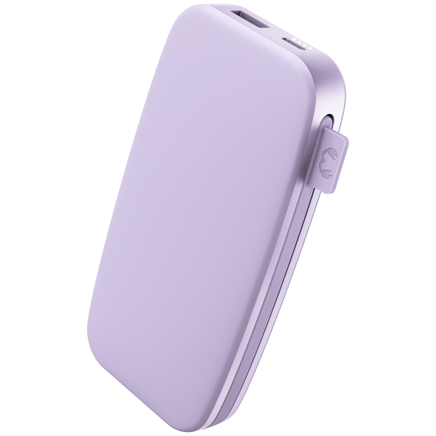 Une batterie externe violette claire avec des bords arrondis et un rabat de câble.