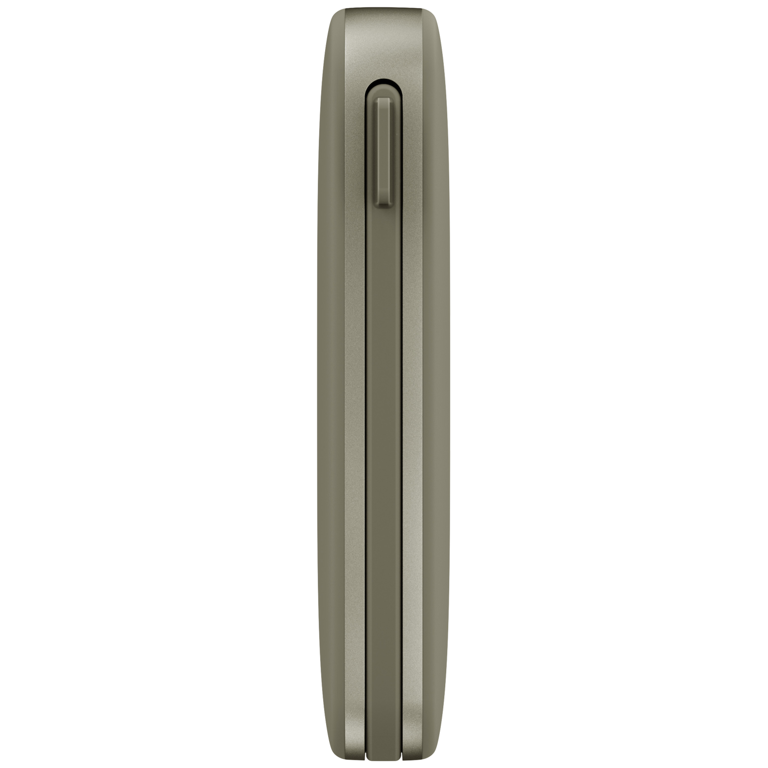 Une batterie externe vert olive au design élégant et dotée d'un bouton intégré sur le côté.