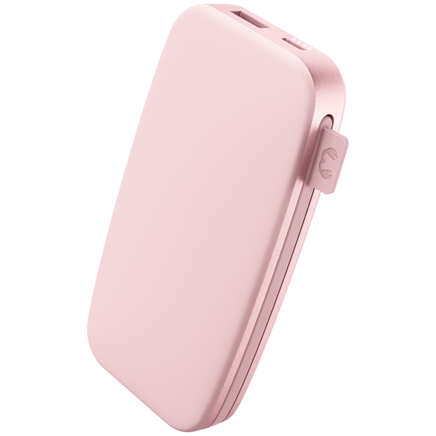 Une batterie externe rose mat aux coins arrondis, avec un petit câble intégré sur le côté droit.