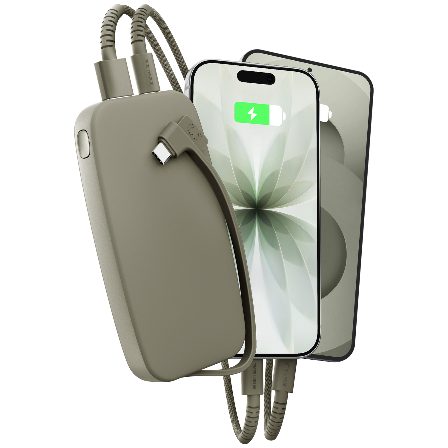 Batterie externe vert olive avec câble USB-C branché chargeant deux smartphones.