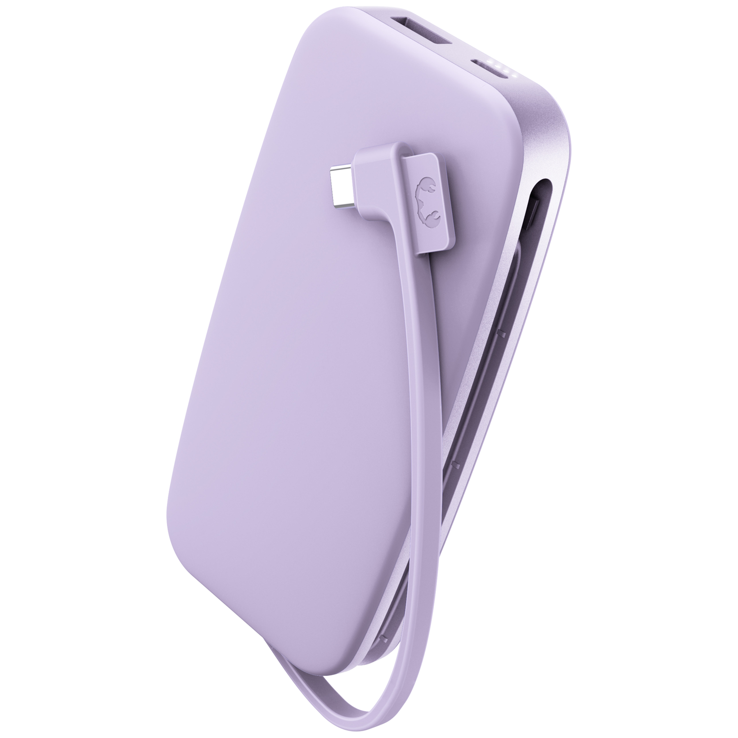 Une batterie externe violet clair avec un câble attaché sur fond blanc.