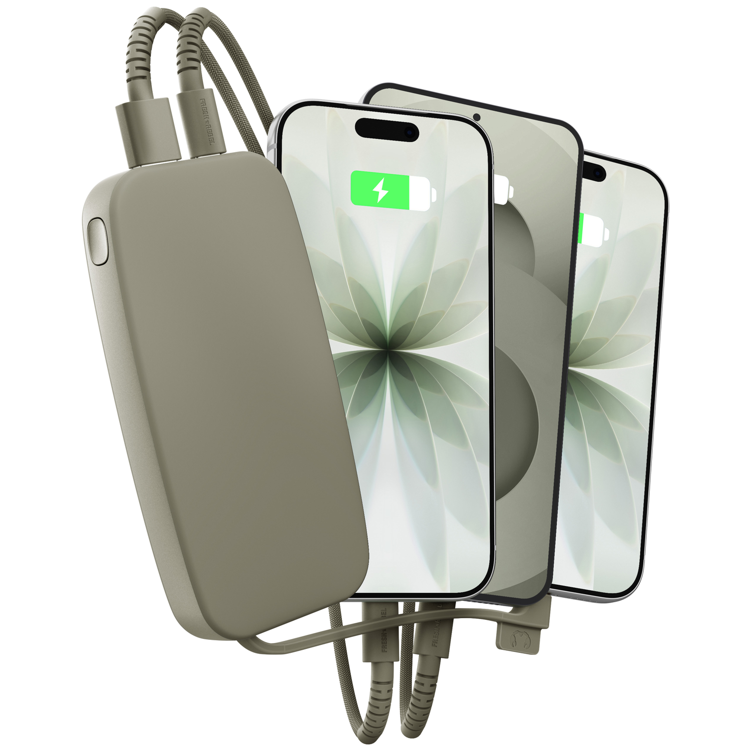 Batterie externe kaki chargeant trois smartphones avec des icônes de batterie vertes.