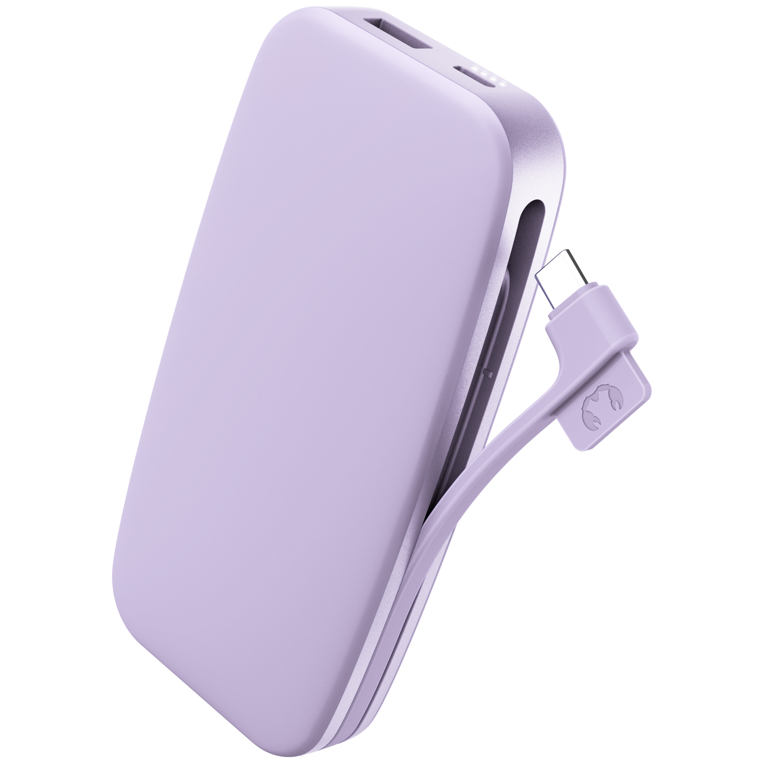 Une batterie externe lavande avec un câble de charge intégré et des ports.