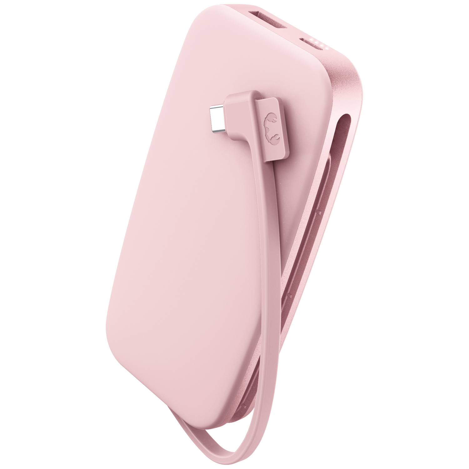 Une batterie externe rose avec câble de charge intégré et coins arrondis sur fond blanc.