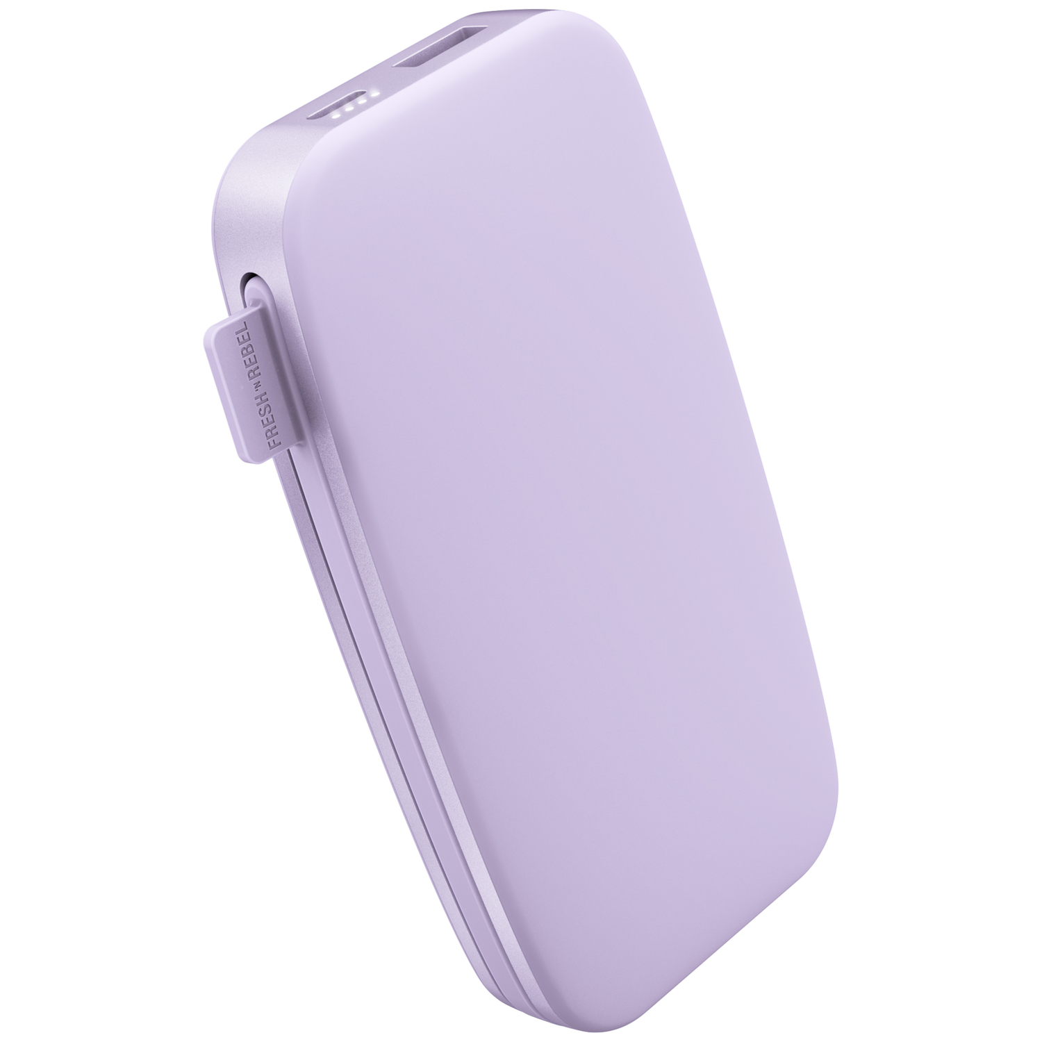 Une batterie externe mauve clair compacte aux coins arrondis, avec des ports sur le dessus et une petite étiquette sur le côté.