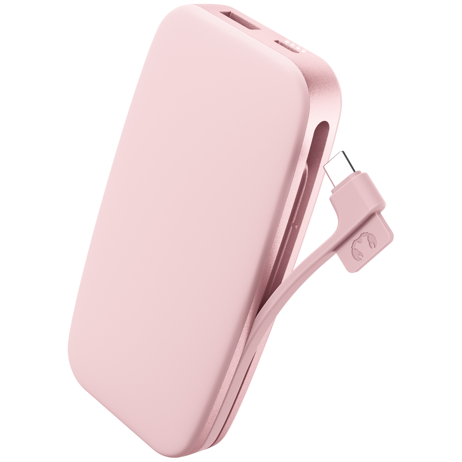Une batterie externe rose avec câble de charge intégré sur fond blanc.
