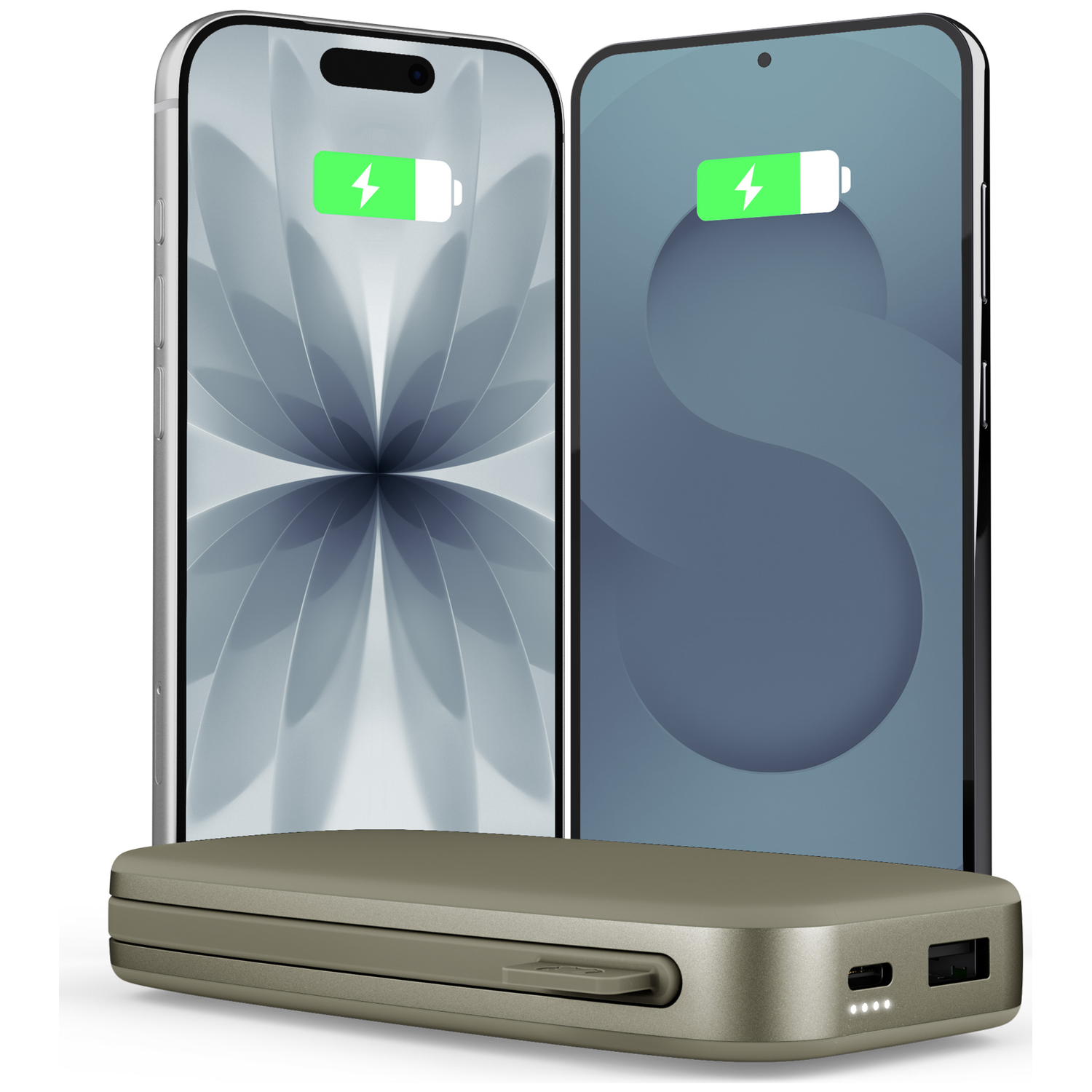 Deux smartphones se tiennent derrière une batterie externe vert clair avec des ports sur fond blanc.