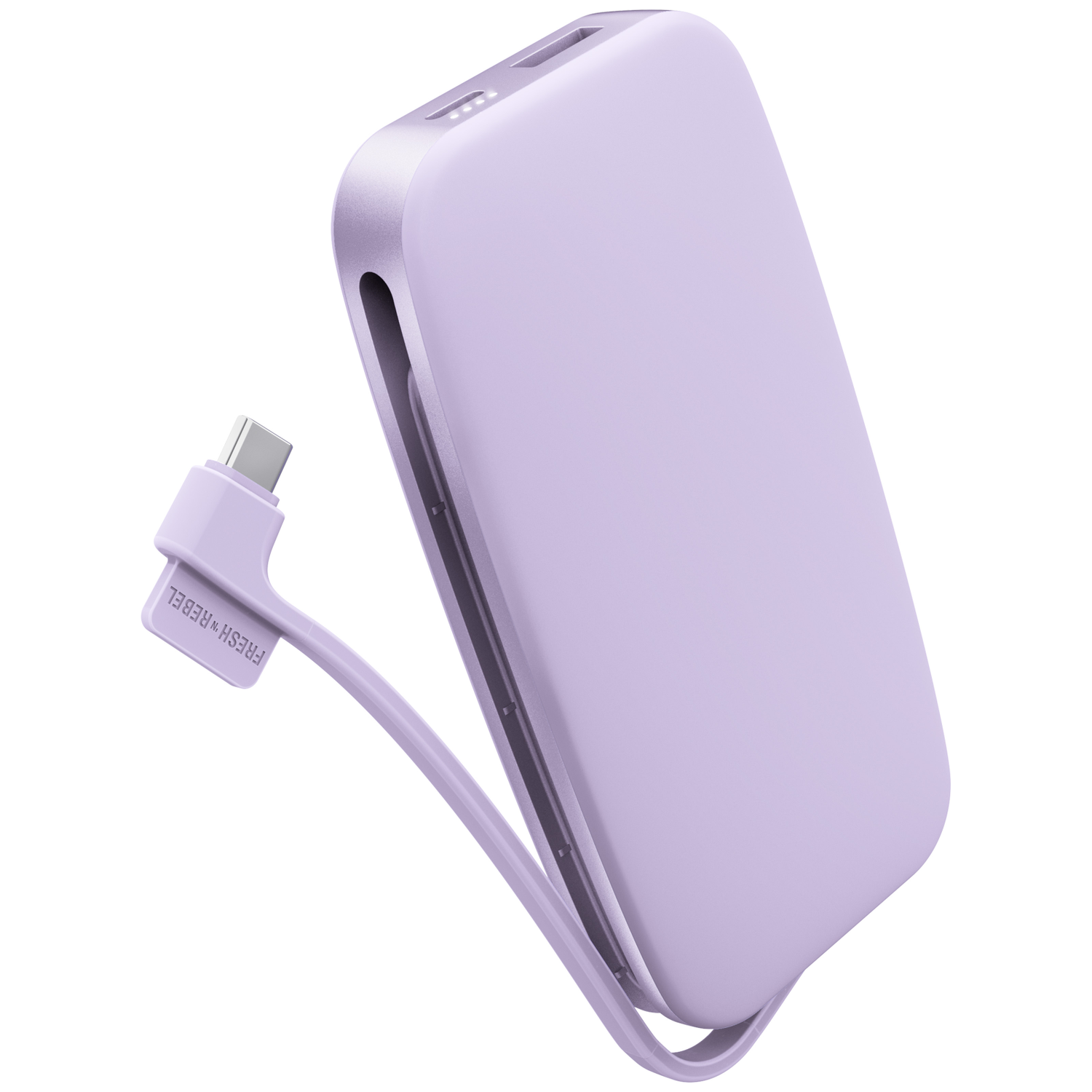 Une batterie externe lavande avec câble de charge intégré sur fond blanc.