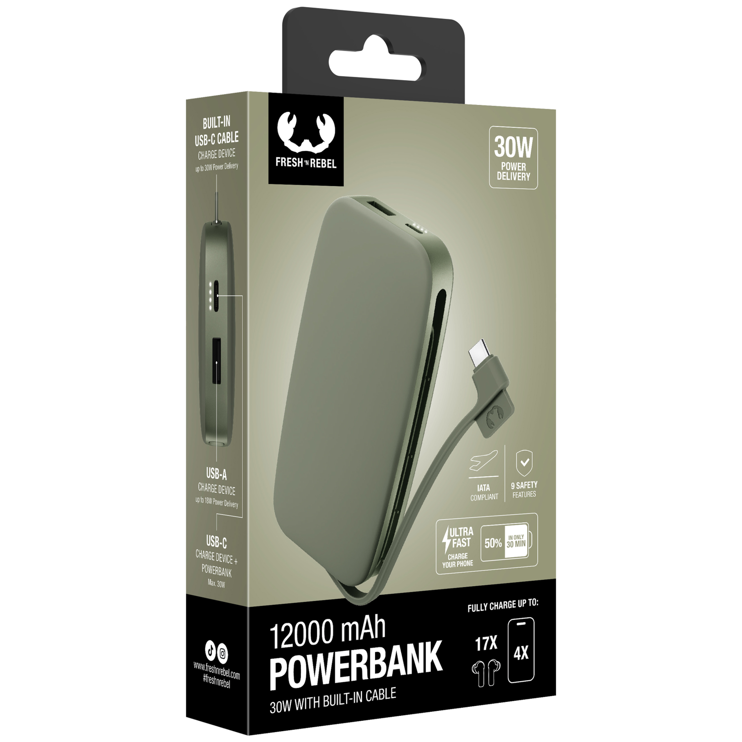 Batterie externe verte Fresh 'n Rebel de 12000 mAh avec câble intégré dans son emballage.