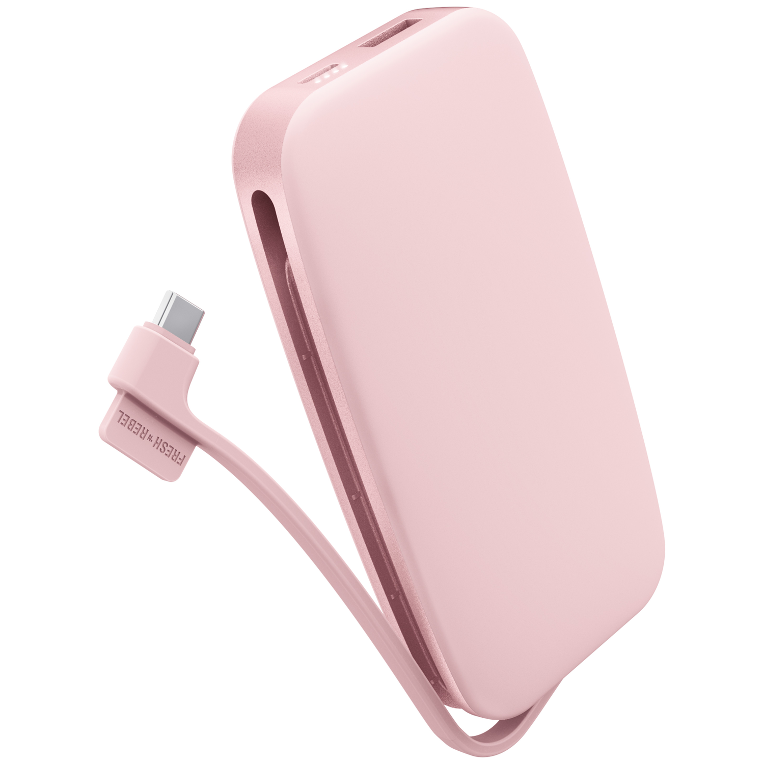 Une batterie externe rose avec un câble de charge intégré sur fond blanc.