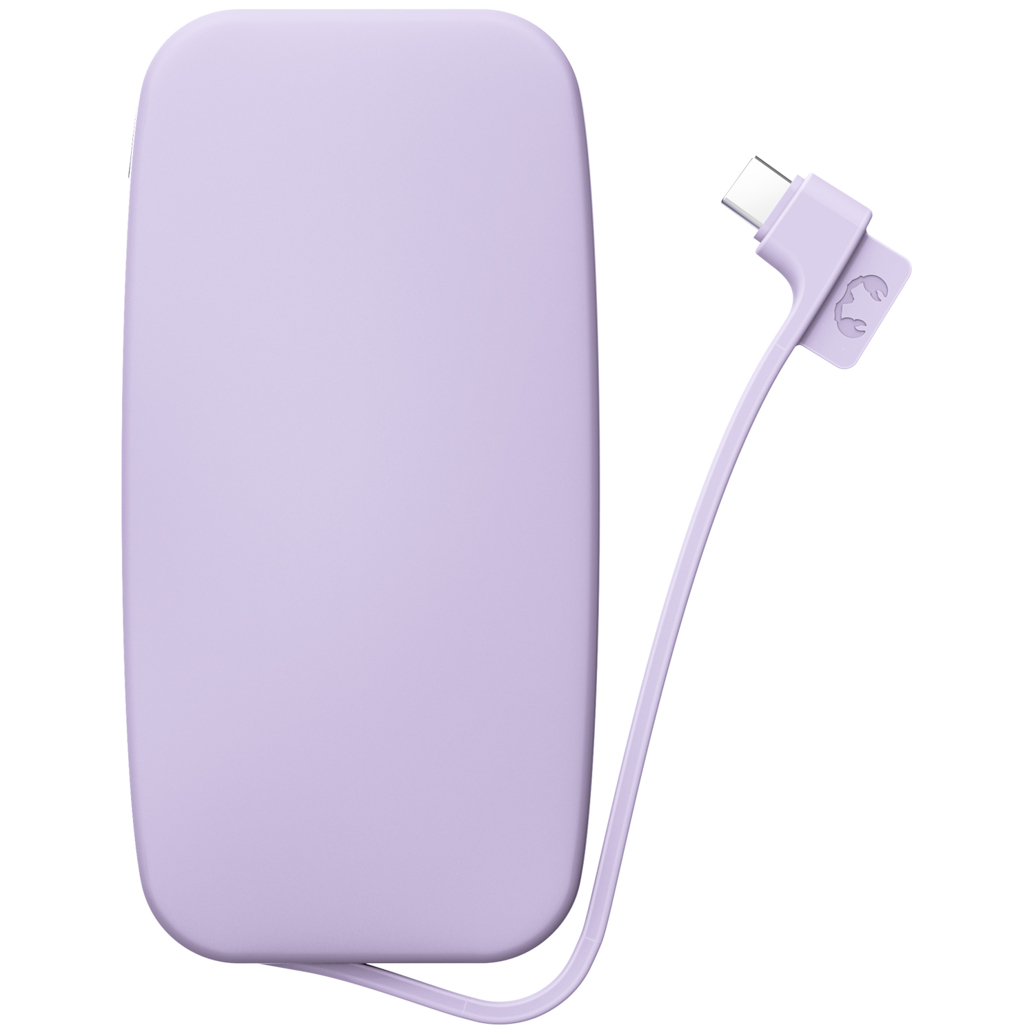 Une batterie externe violette claire avec un câble USB-C attaché sur un fond blanc.