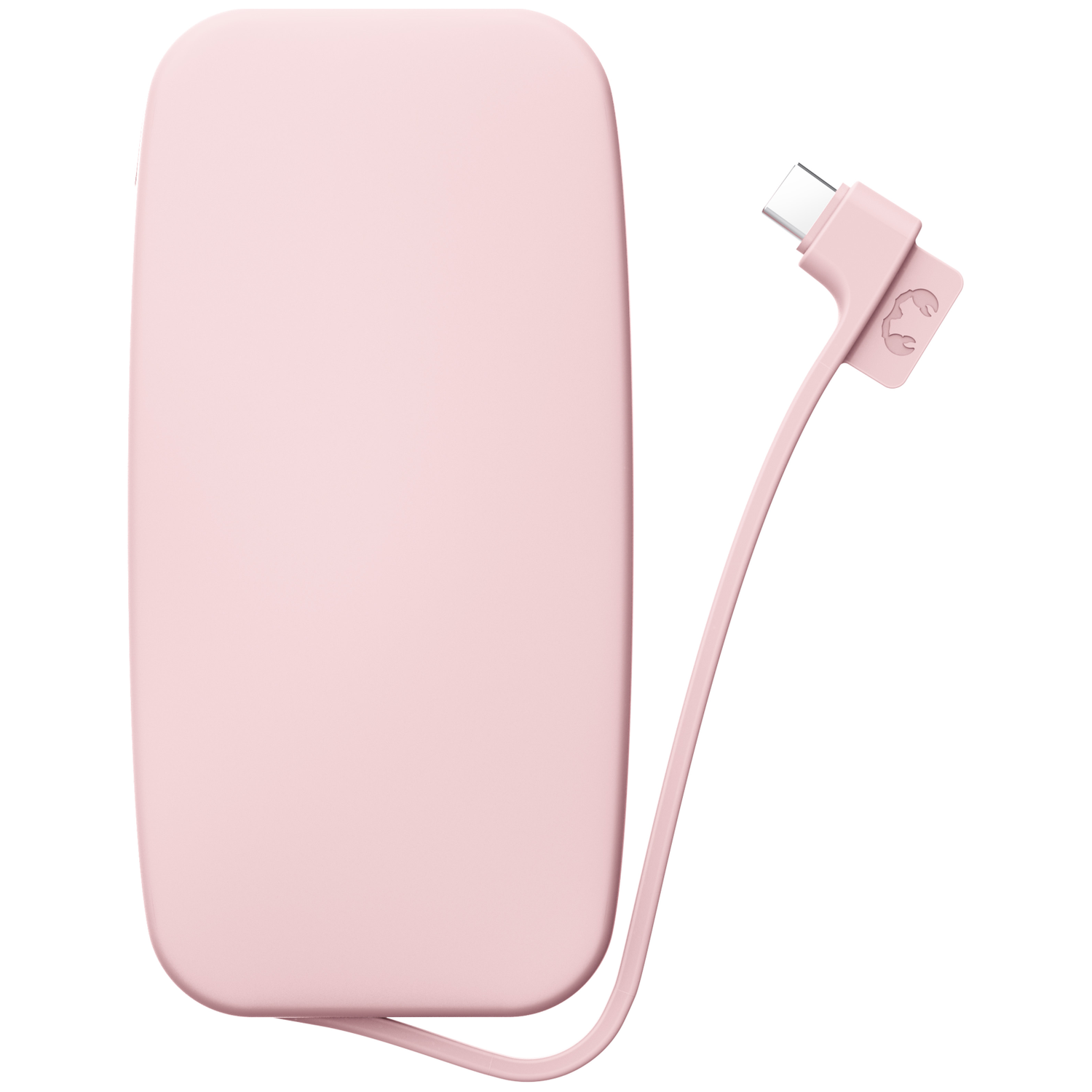 Une batterie externe rose aux coins arrondis avec un câble USB-C attaché, sur fond blanc.