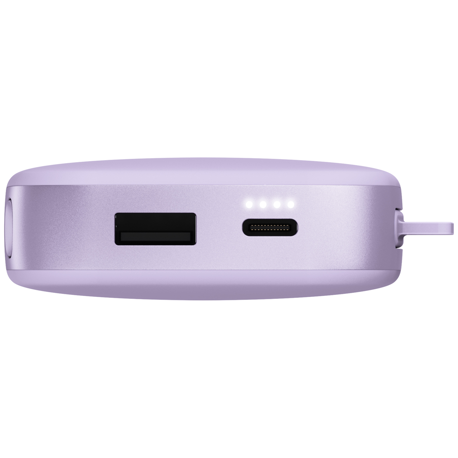 Une batterie externe lavande avec des ports USB et quatre lumières LED sur fond blanc.