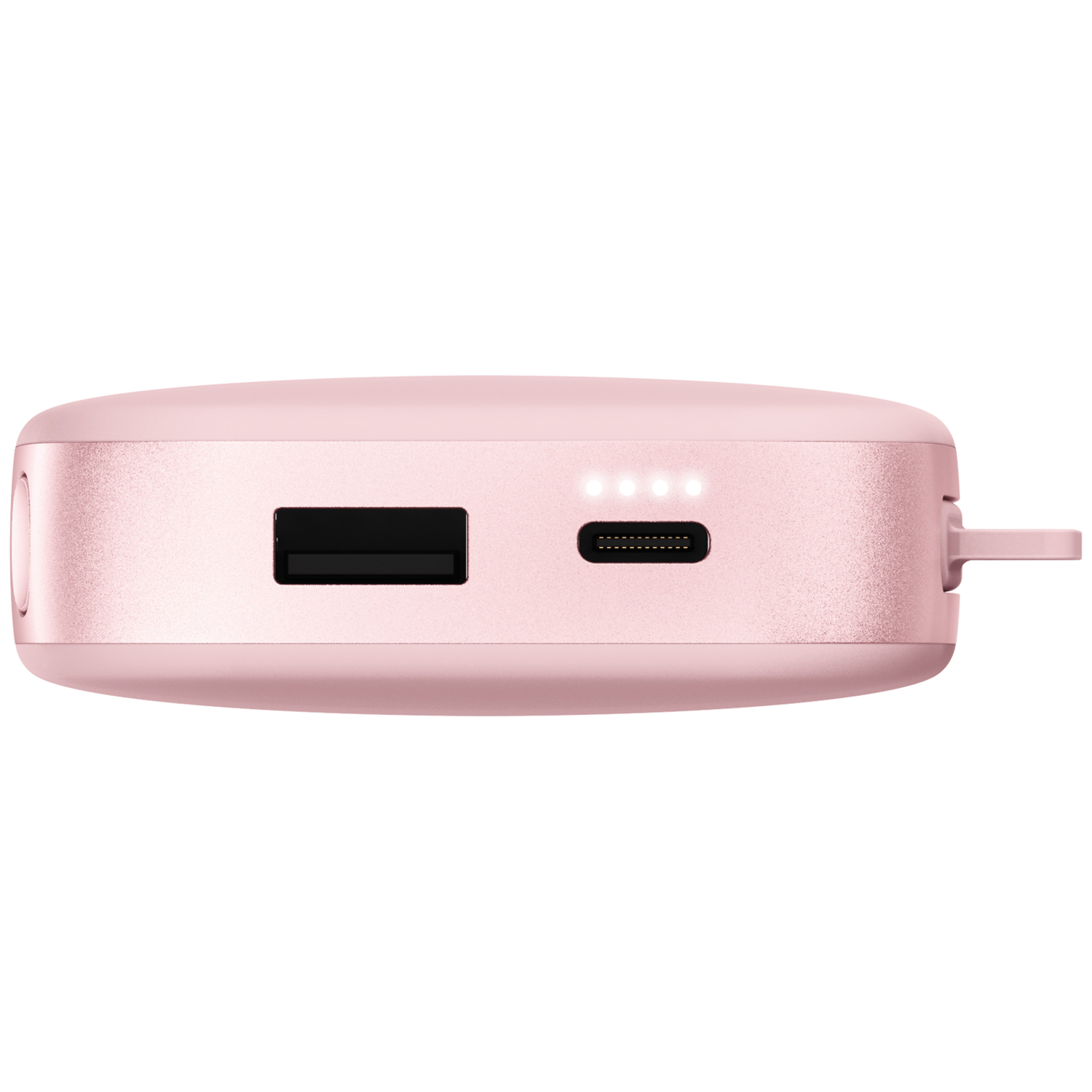 Batterie externe rose avec un port USB, un port USB-C et quatre voyants LED blancs sur fond blanc.