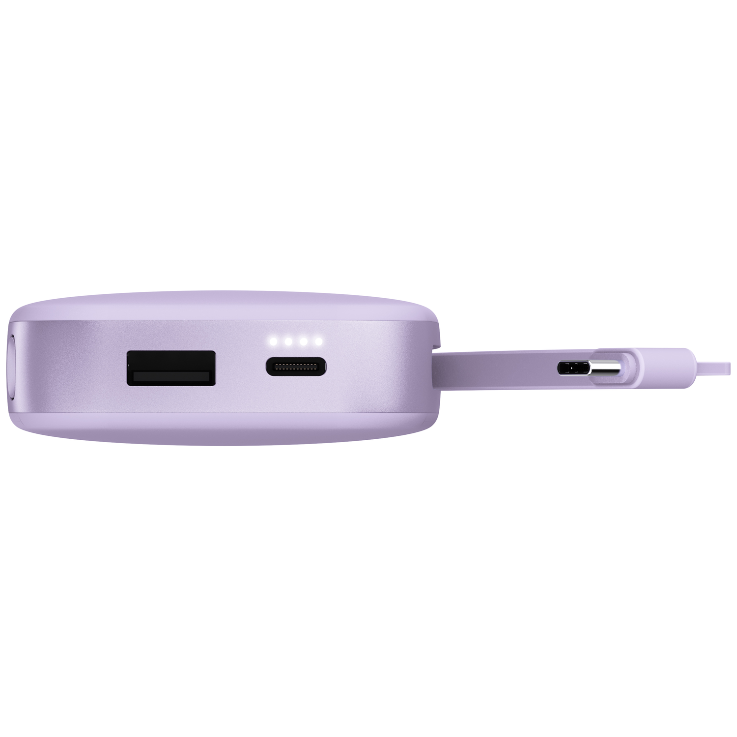 Une batterie externe lavande avec des ports USB, des voyants de charge et un câble attaché sur fond blanc.