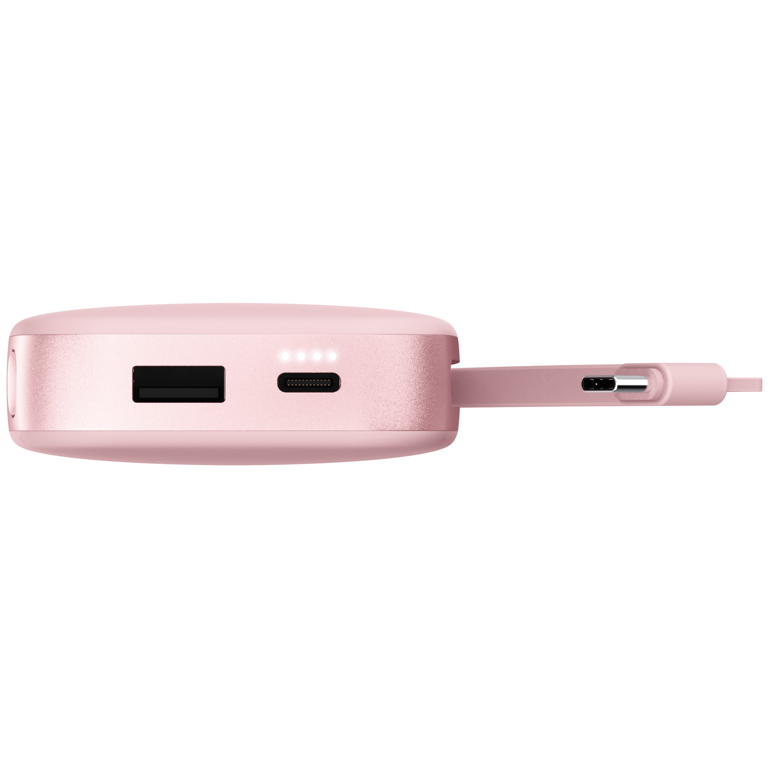 Batterie externe rose avec port USB, voyants de charge et câble USB-C intégré sur fond blanc.