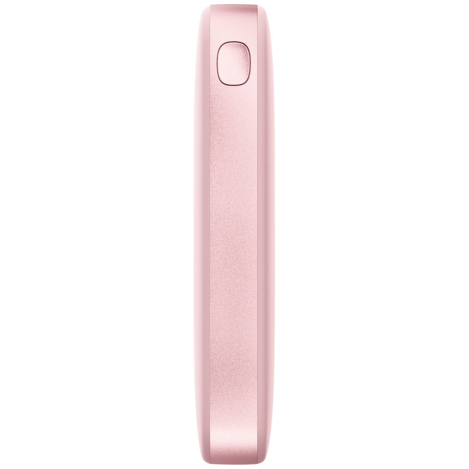 Vue latérale d'un chargeur portable rose doté d'un bouton d'alimentation rond.