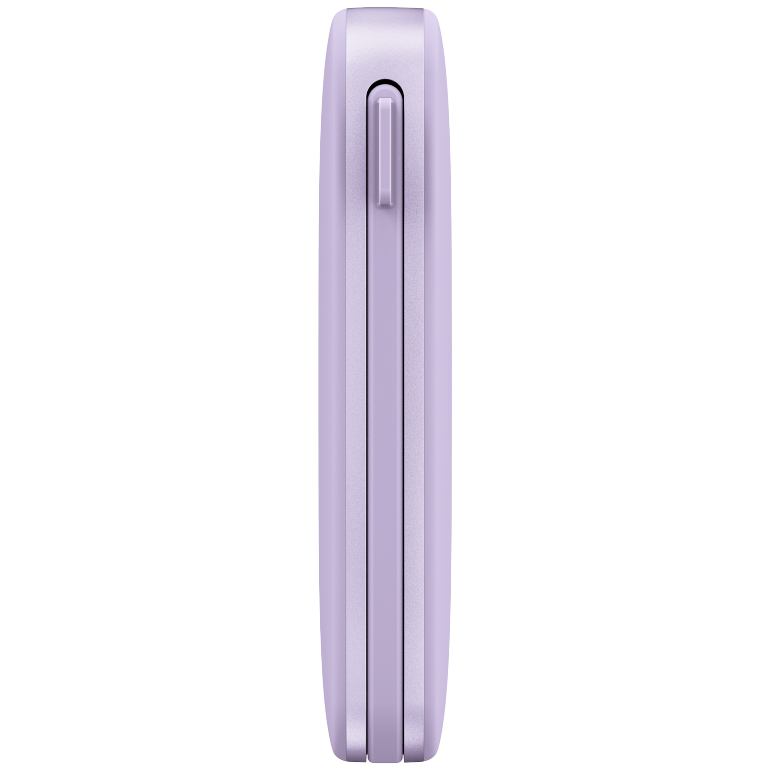 Un gadget violet allongé avec un interrupteur physique central sur sa surface lisse.