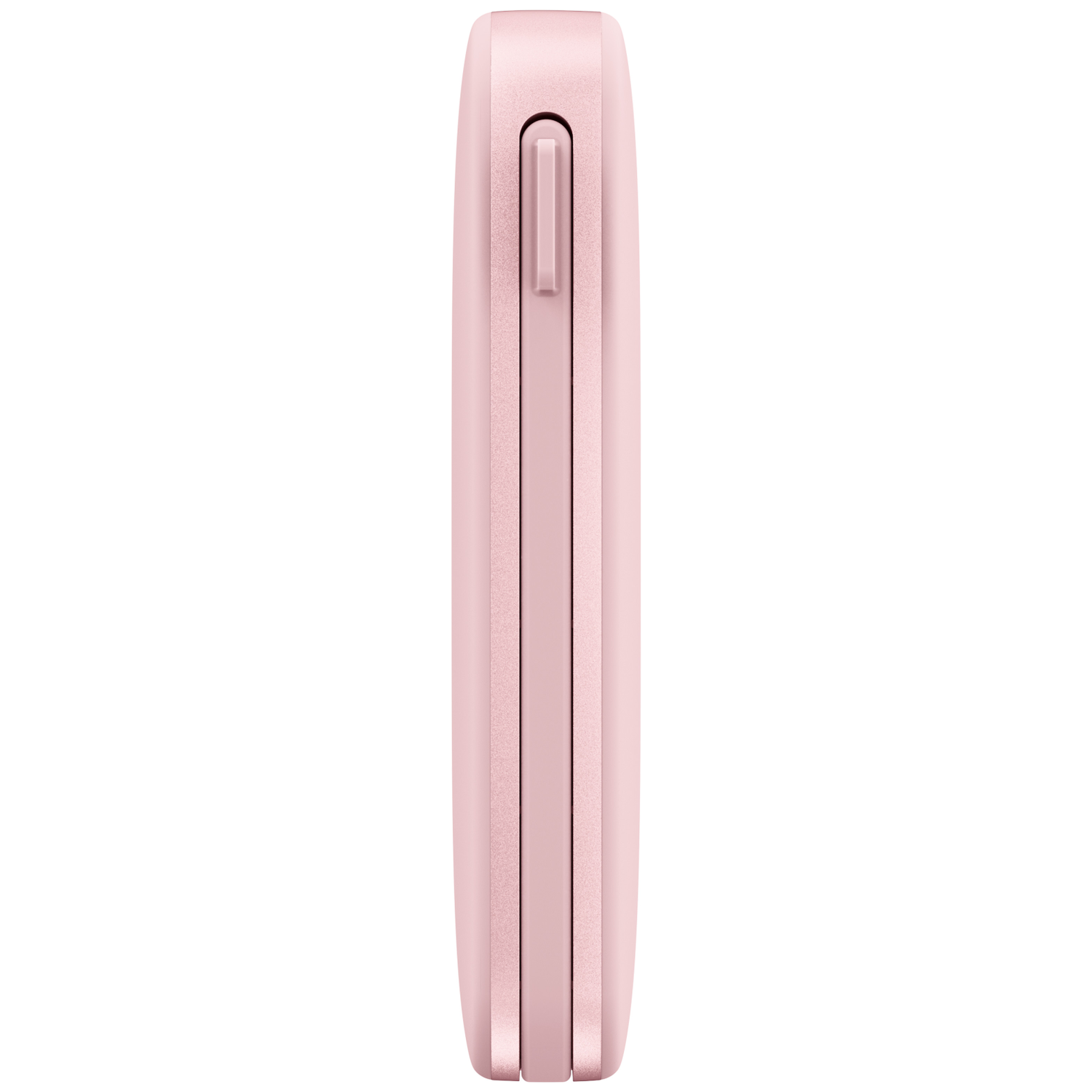 Vue latérale d'une cigarette électronique rose avec un bouton allongé près du sommet.