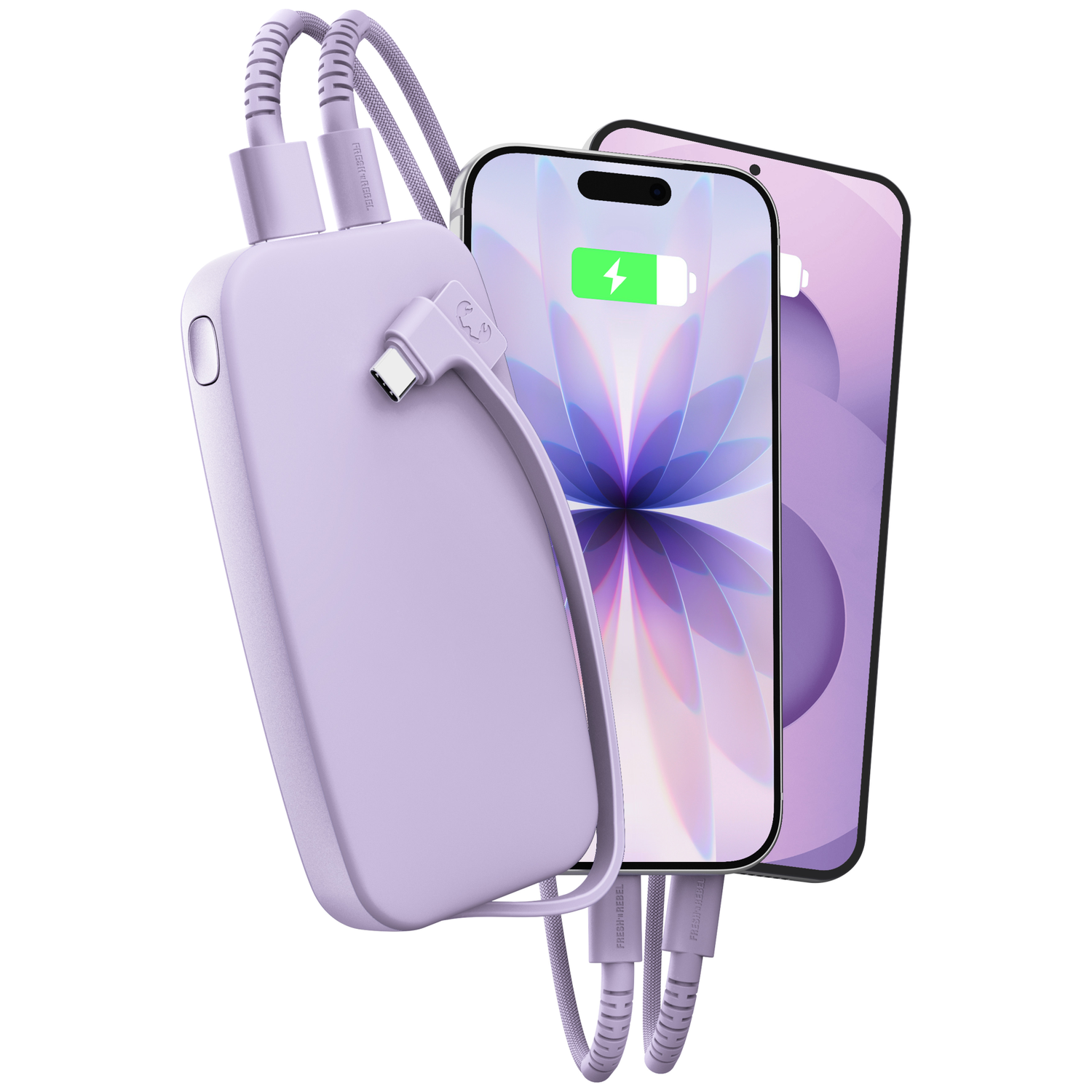 Une batterie externe lavande recharge deux smartphones aux écrans lumineux sur fond blanc.