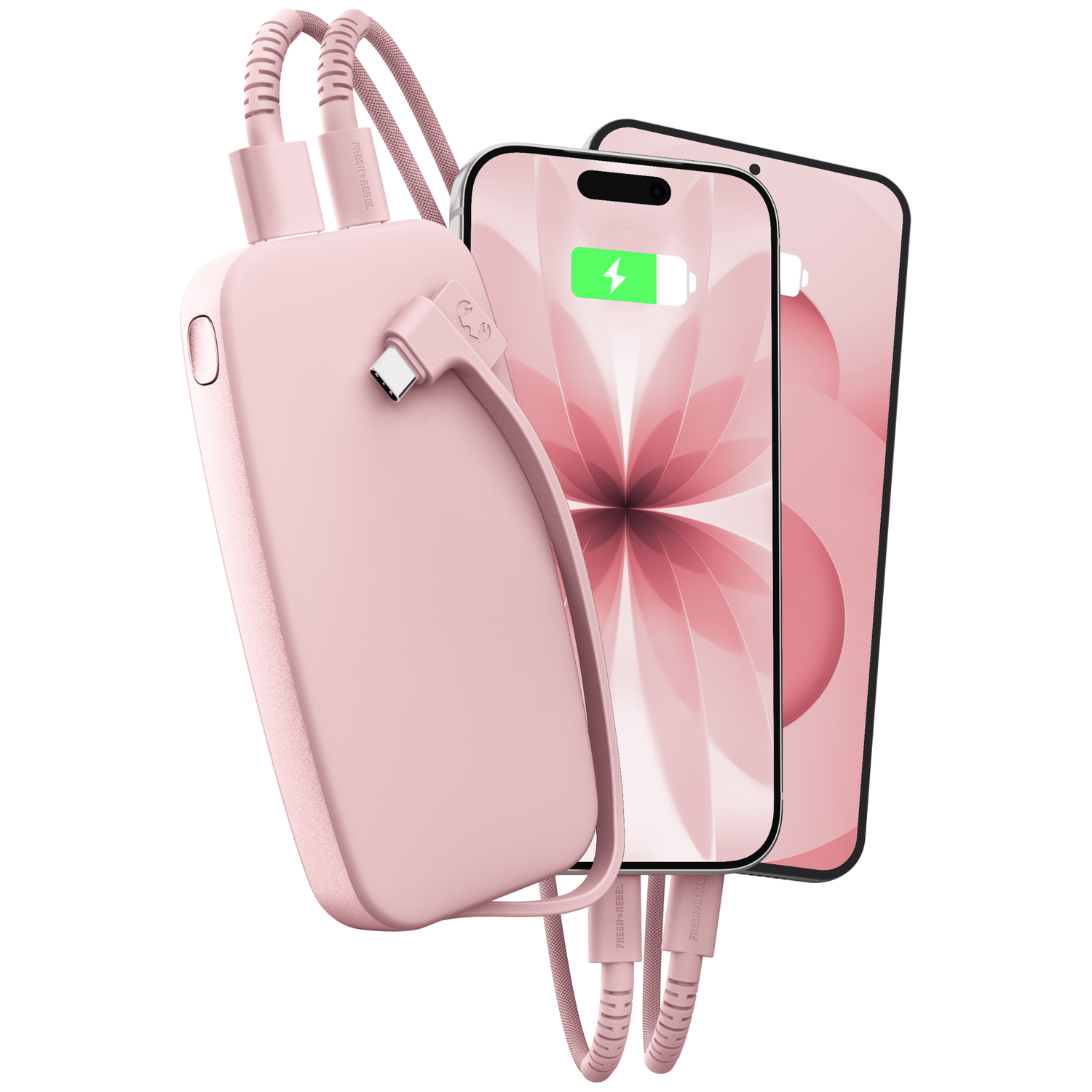 Une batterie externe rose charge deux smartphones avec des câbles roses assortis sur fond blanc.