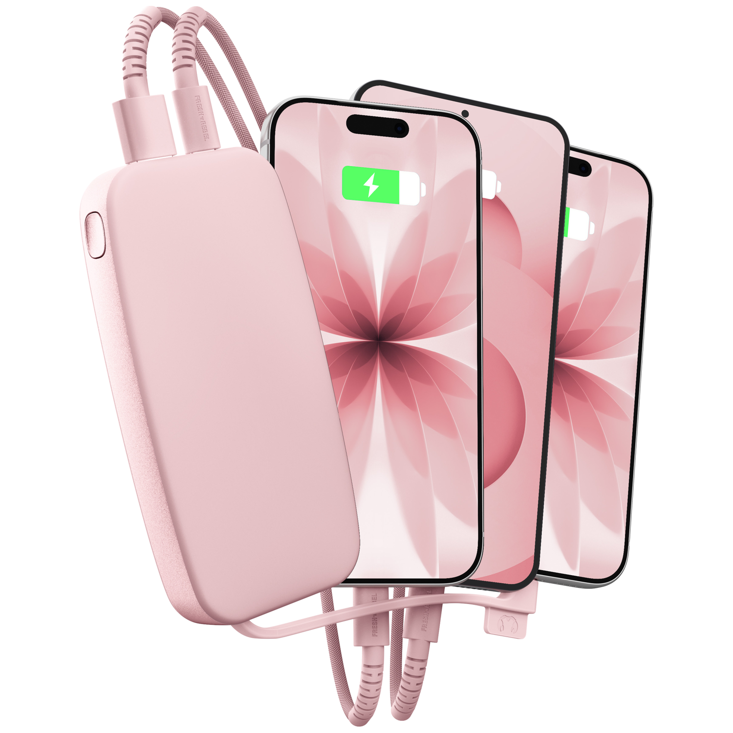 Une batterie externe rose chargeant trois smartphones sur fond blanc.