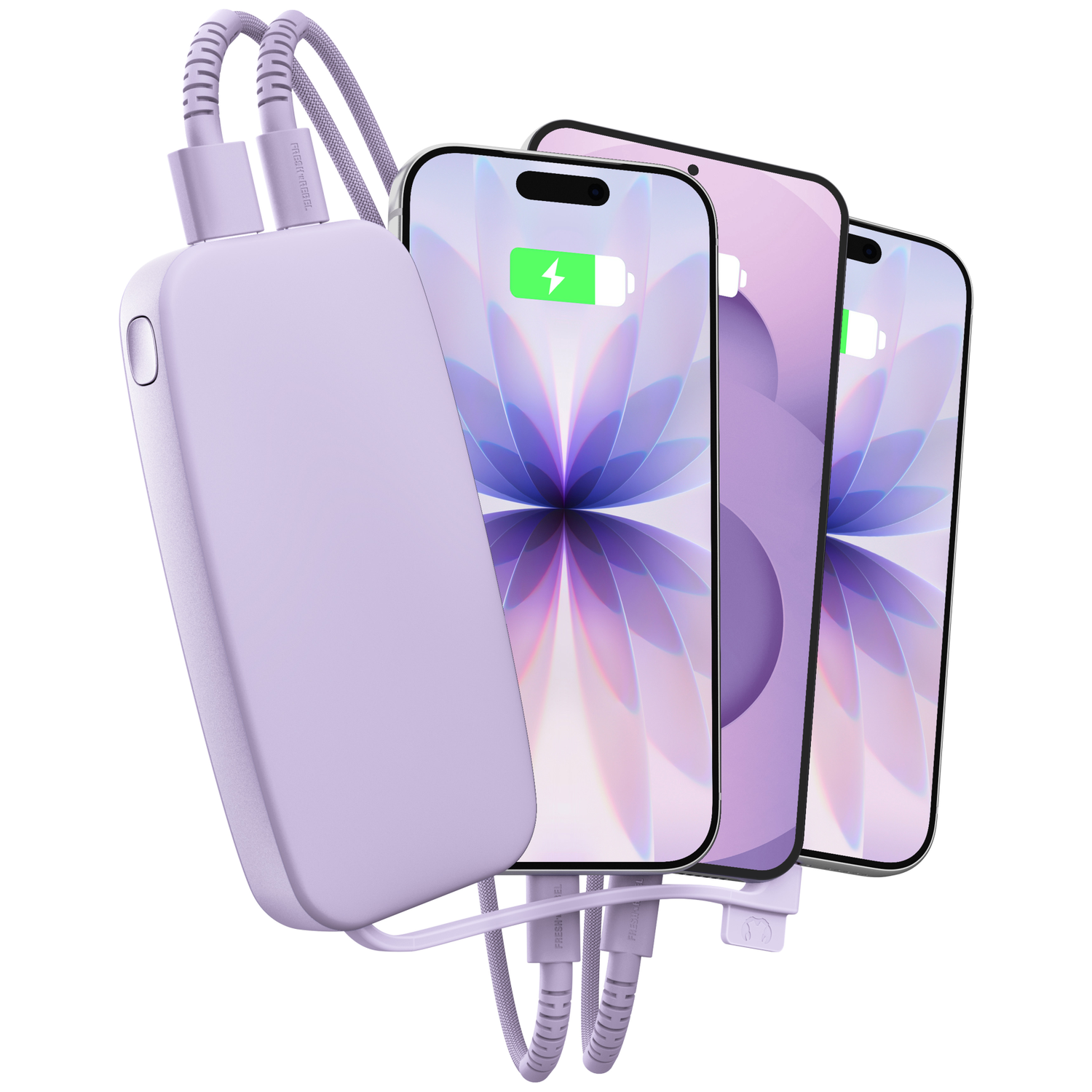 Une batterie externe lavande recharge trois smartphones avec des câbles violets.