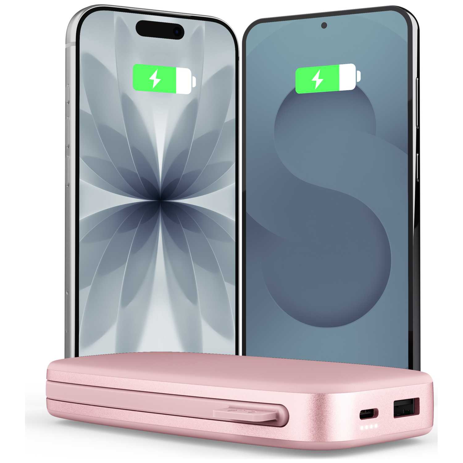 Une batterie externe rose devant deux smartphones affichant des icônes de charge.
