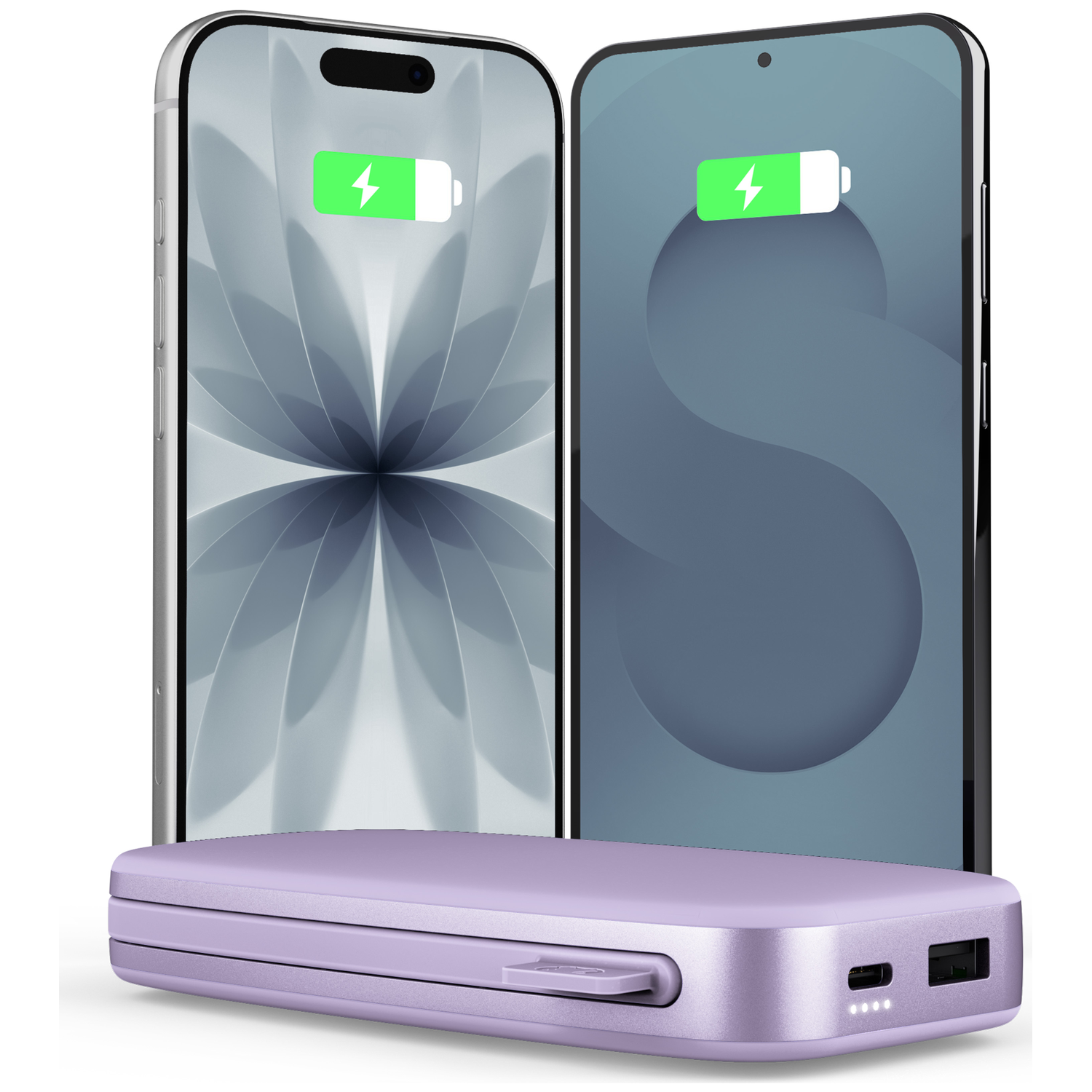 Deux smartphones se tiennent derrière une batterie externe violette avec des icônes de charge vertes.