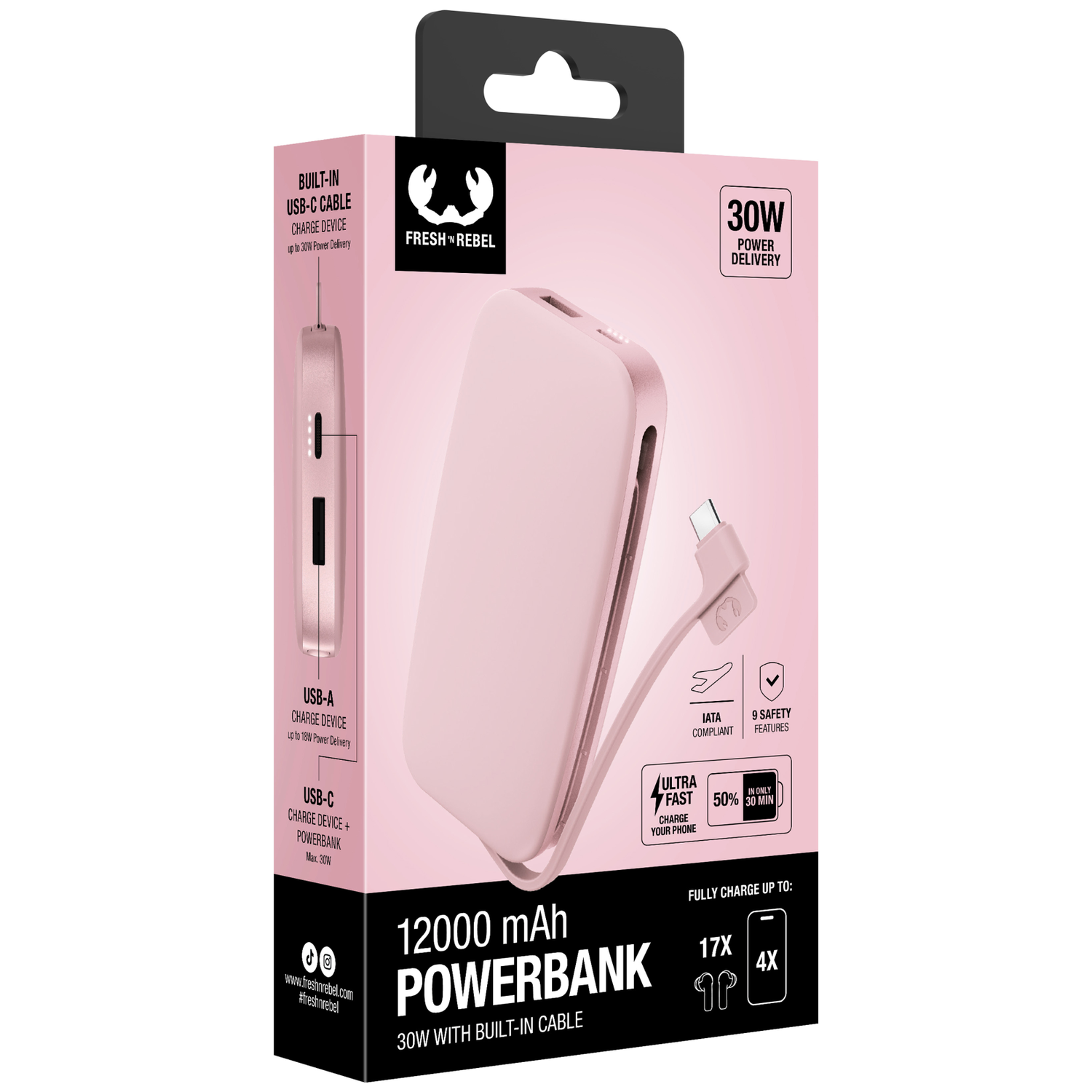 Batterie externe rose dans son emballage avec 12000 mAh et câble USB-C intégré.