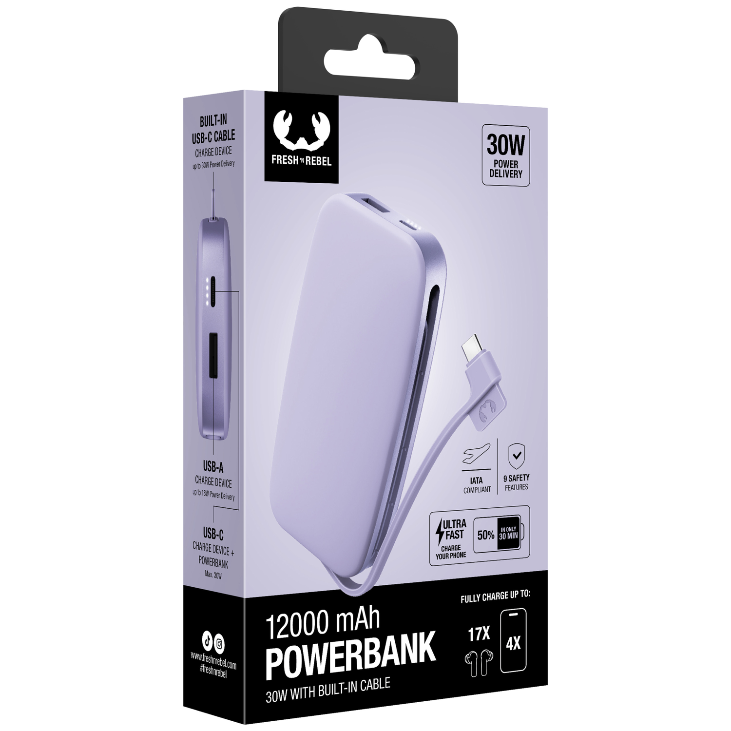 Une batterie externe violette claire de 12000 mAh avec câble intégré dans son emballage.