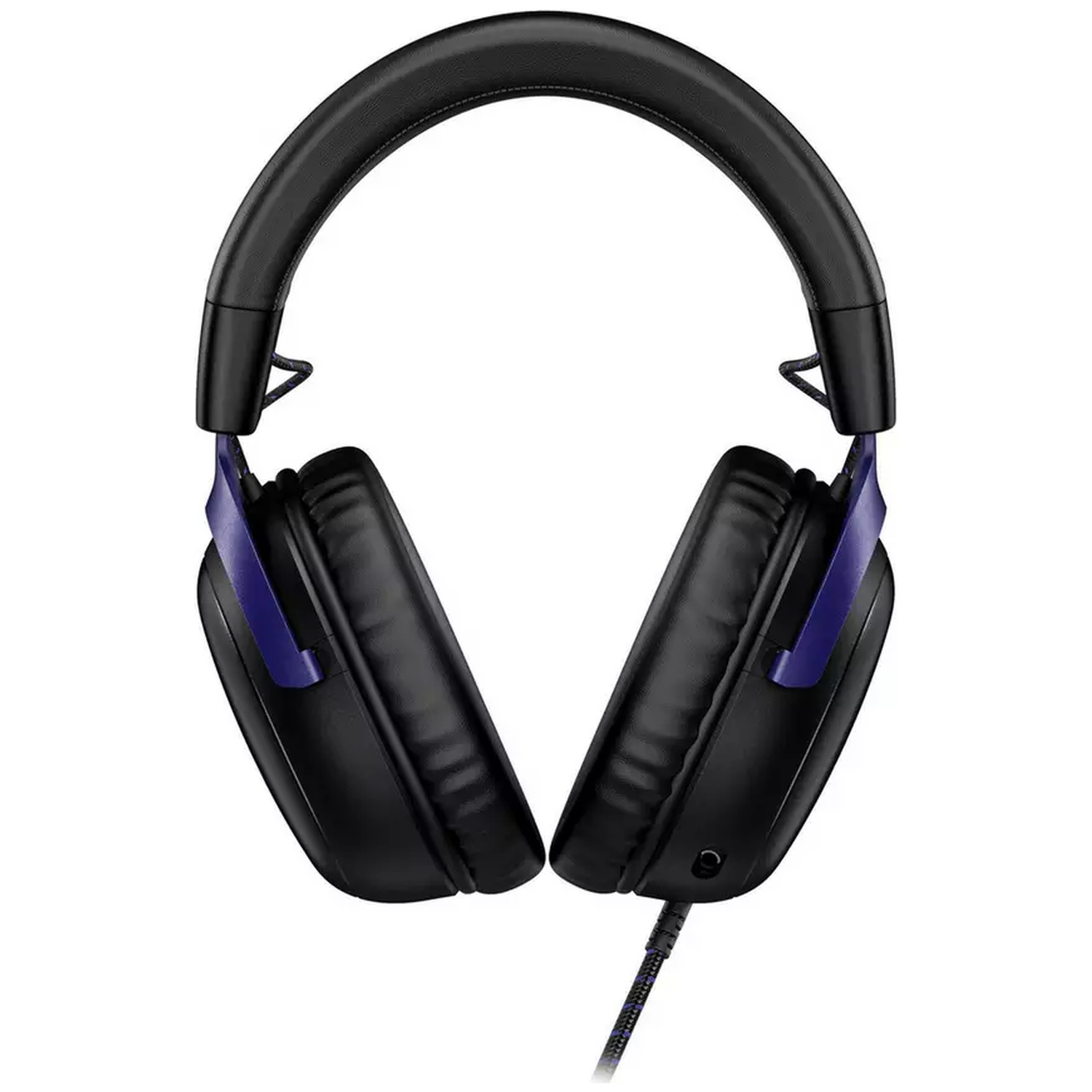Zwarte over-ear koptelefoon met blauwe accenten en een gevoerde hoofdband tegen een witte achtergrond.