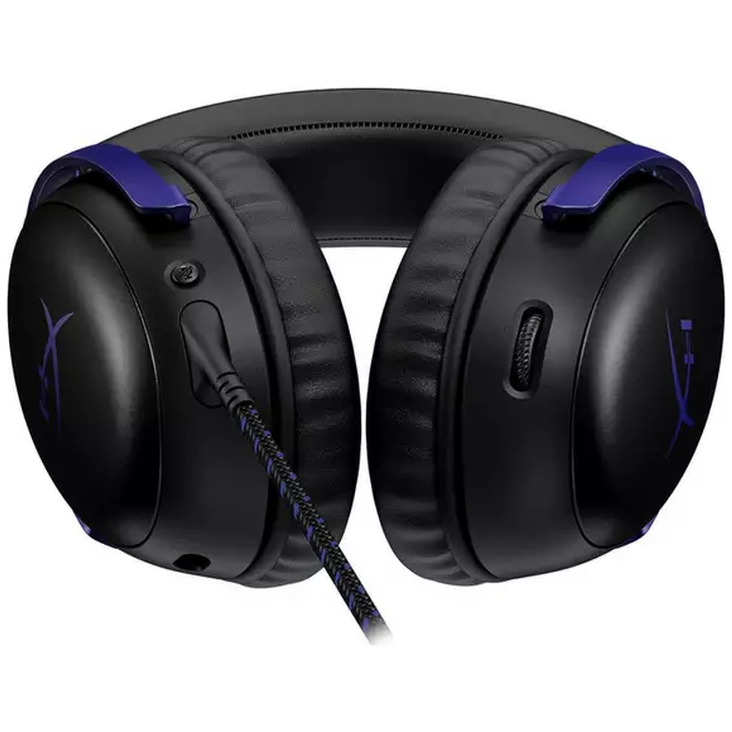 Zwarte over-ear hoofdtelefoon met blauwe accenten en een aangesloten kabel.