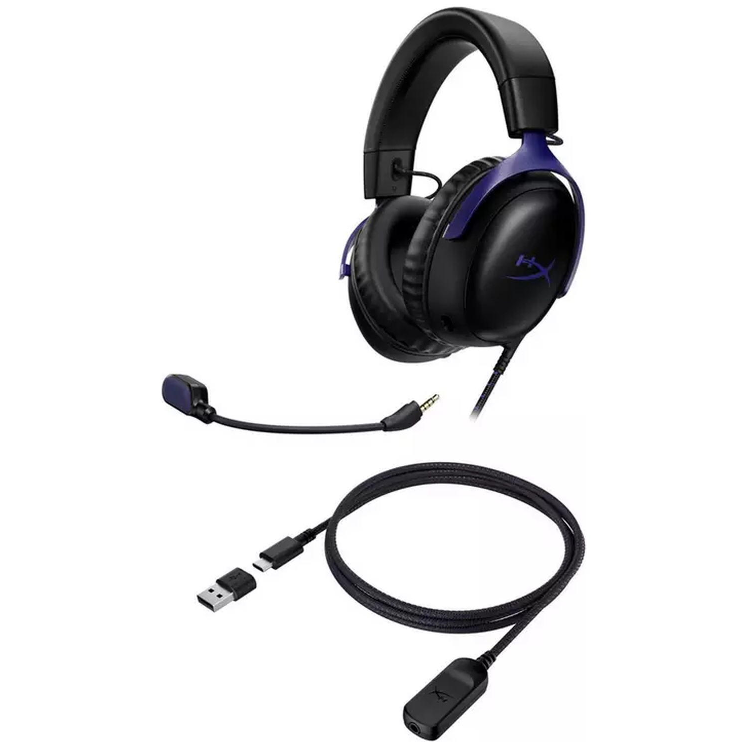 Zwarte gamingheadset met afneembare microfoon, USB-kabel en audiobediening op een witte achtergrond.