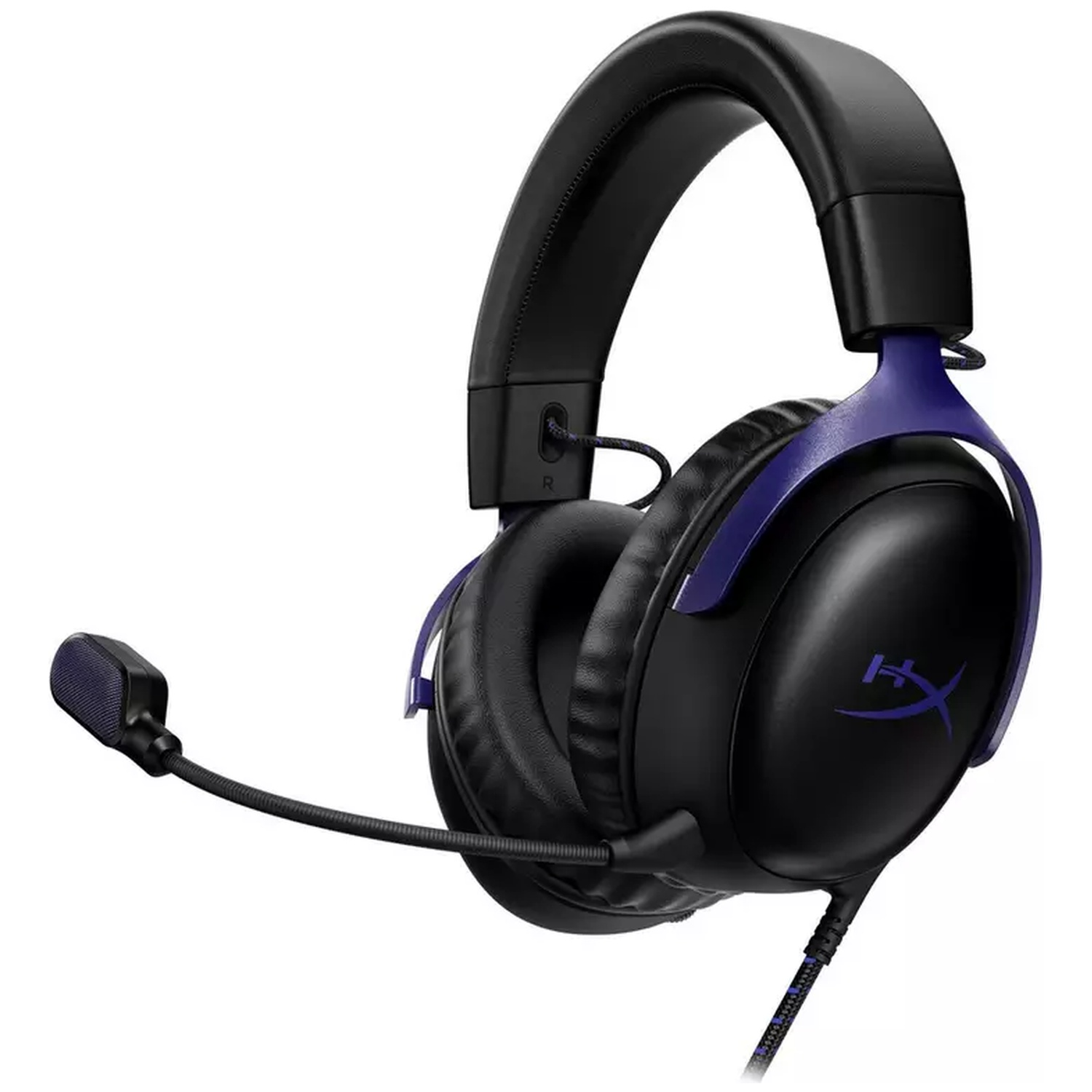 Zwarte over-ear gamingheadset met blauwe accents en een bevestigde microfoon op witte achtergrond.