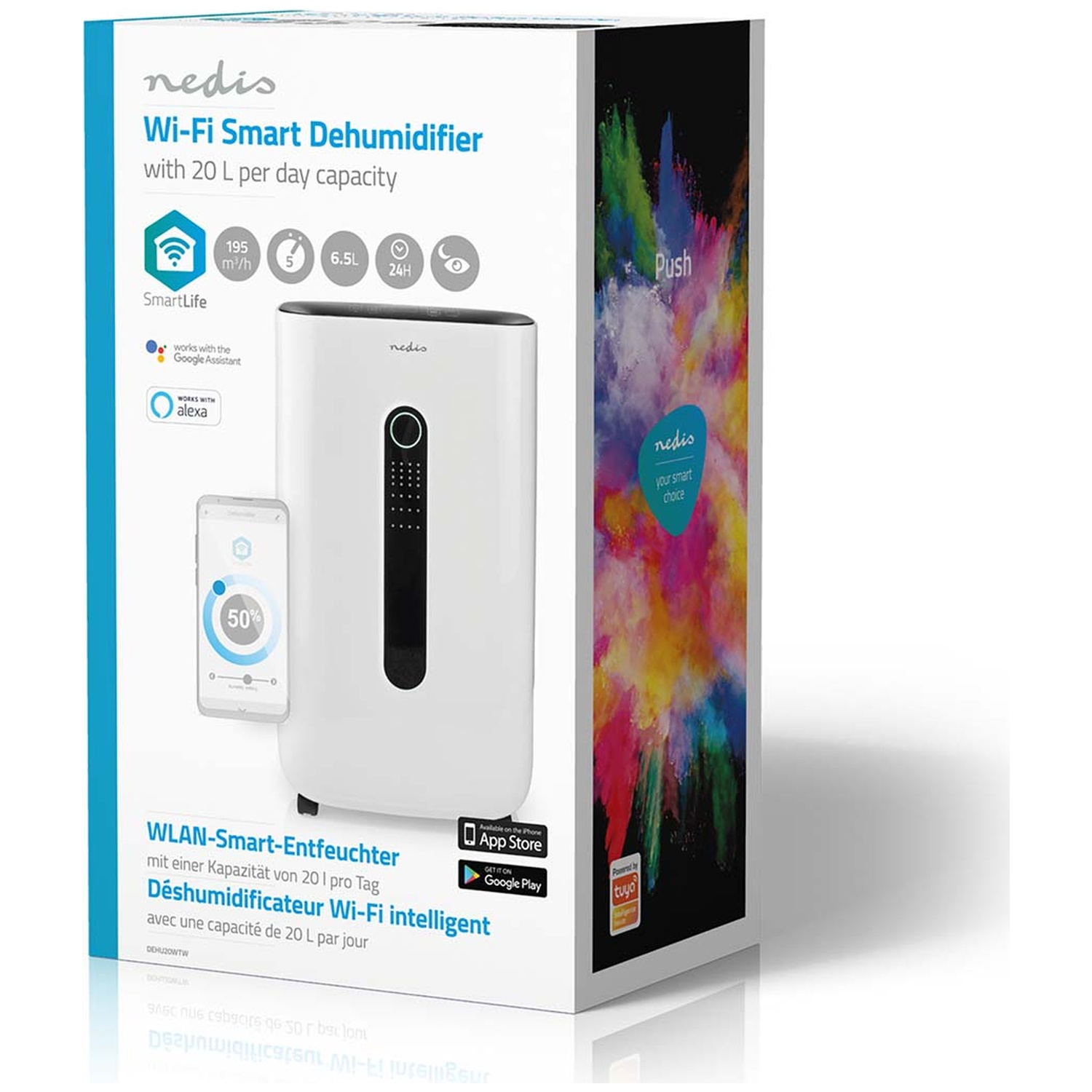 Nedis Wi-Fi Smart Dehumidifier product box, showing the white appliance, a smartphone with an app, and features.