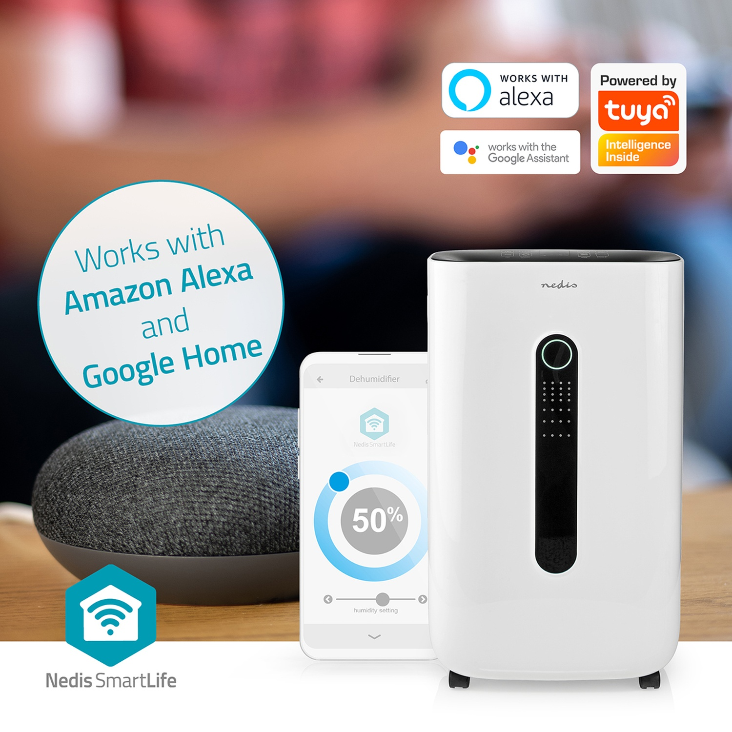 A white Nedis dehumidifier, a smartphone app, a smart speaker, and compatibility logos for Alexa and Google.