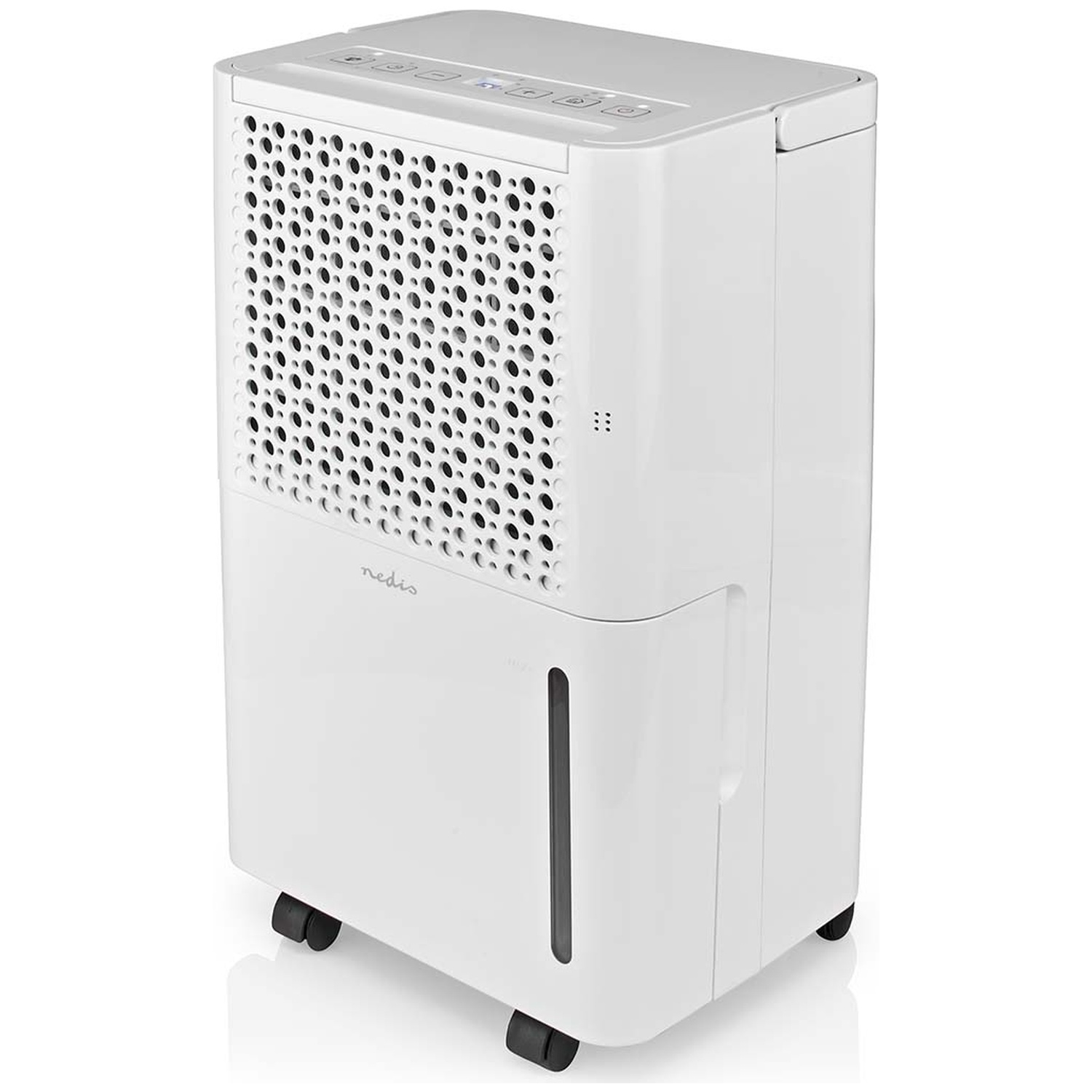 A white Nedis dehumidifier on wheels featuring a perforated front grille and water tank.