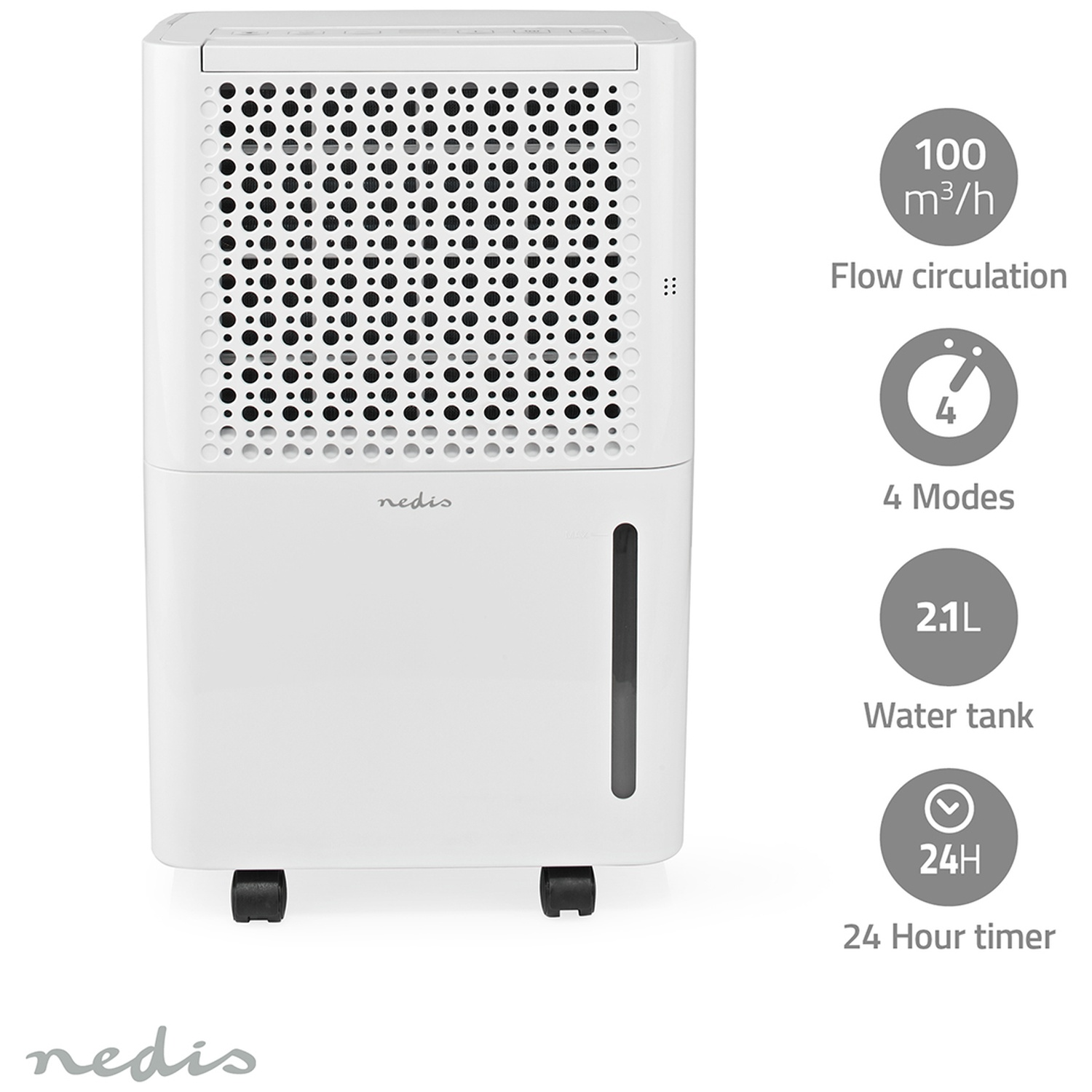 White Nedis dehumidifier on wheels with water level indicator and four feature icons on the right.