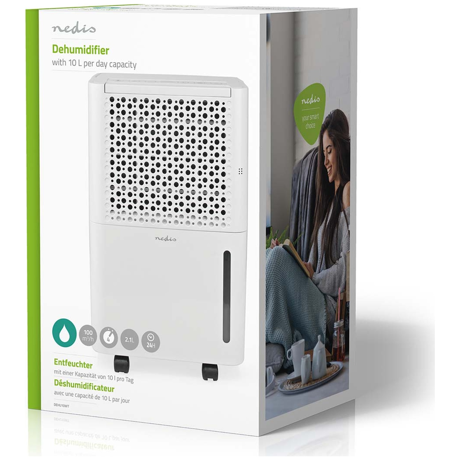 Product packaging for a Nedis 10L dehumidifier showing the device and a woman reading a book.