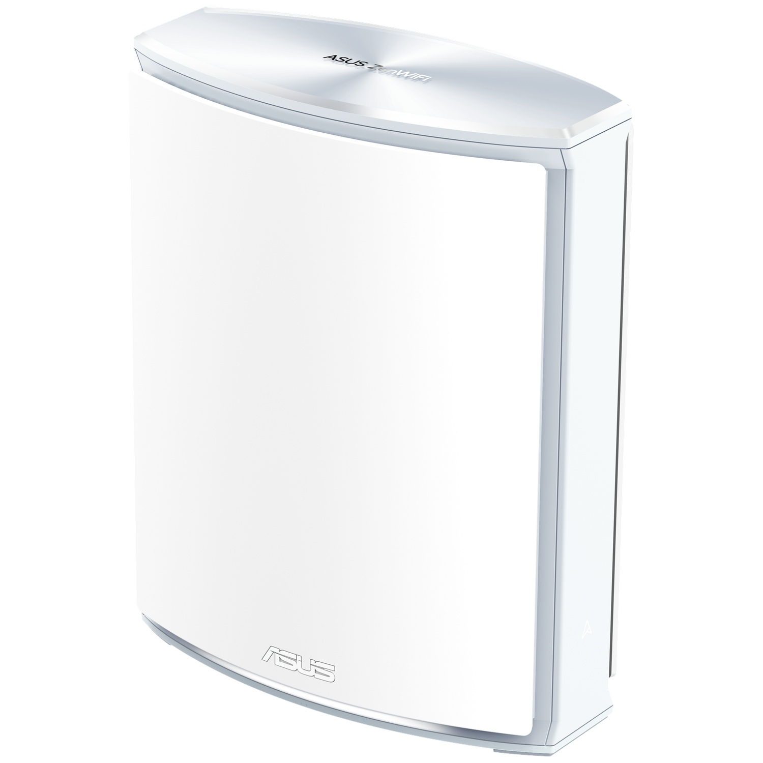 A white Asus ZenWiFi router with a sleek, curved design and silver top, shown against a plain white background.