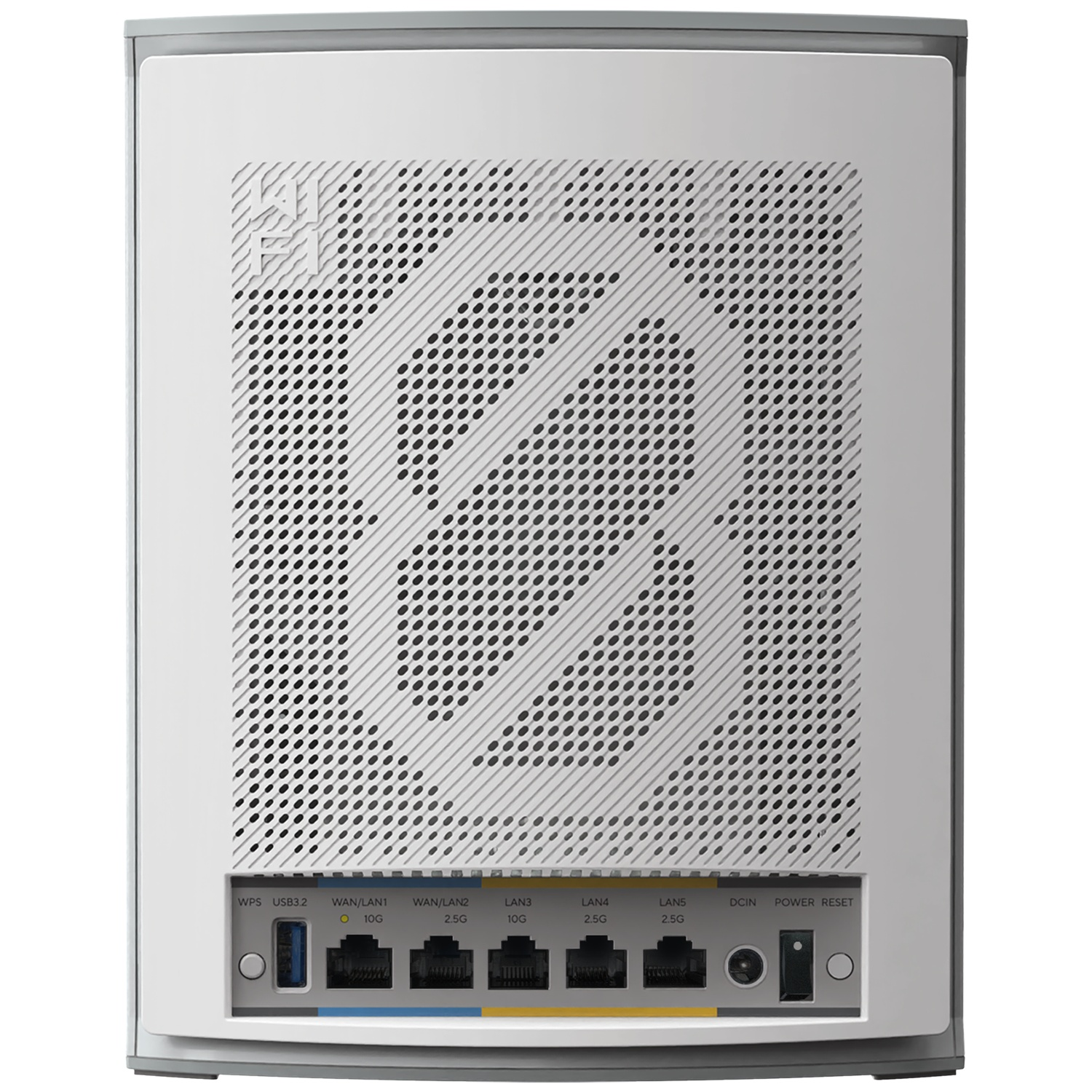 White Wi-Fi 7 router with multiple ports and a perforated front panel pattern.