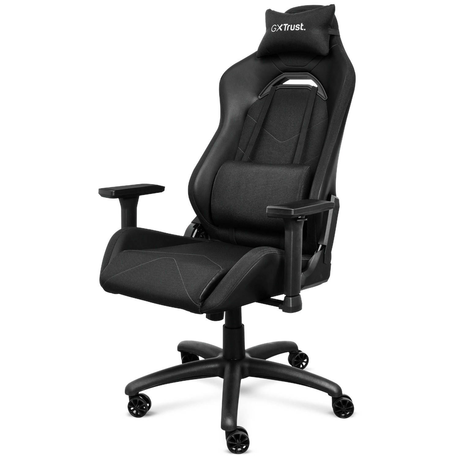 A black GXTrust gaming chair with wheels, armrests, and head cushion on a white background.