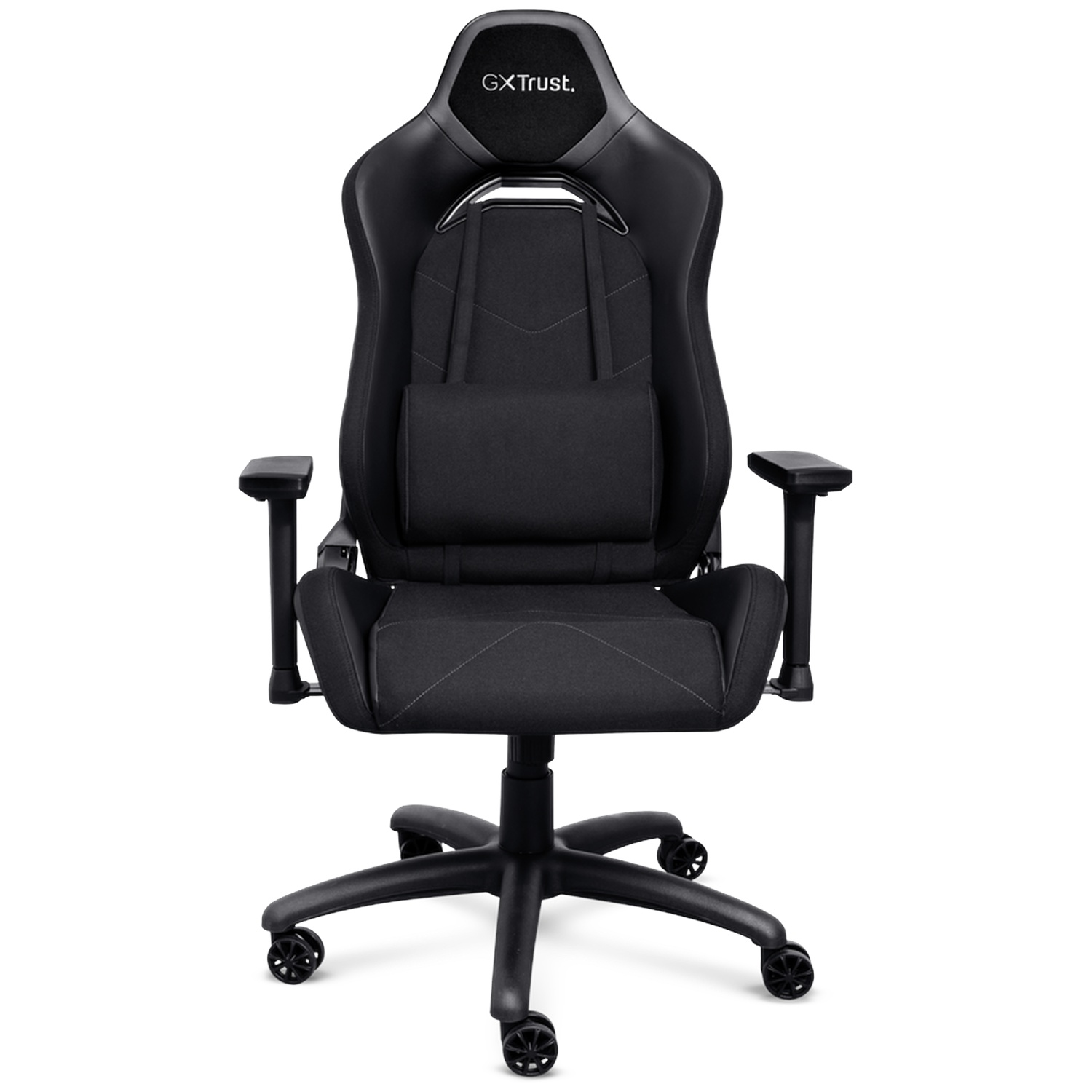 Black GXTrust gaming chair with high backrest, cushion, and wheels on a white background.