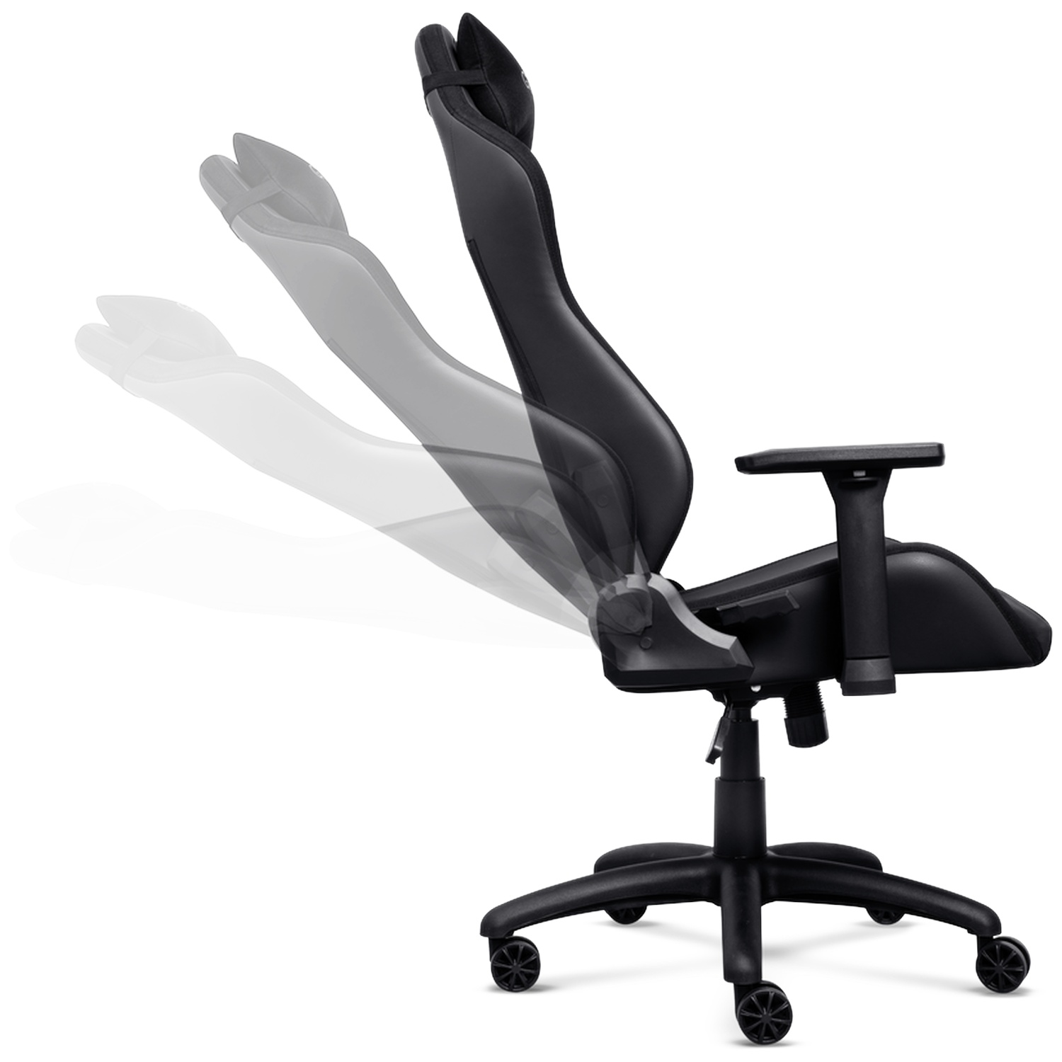 Side view of a black ergonomic chair showing its reclining backrest.