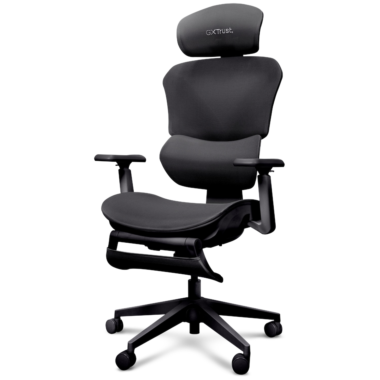 Chaise de bureau ergonomique noire avec accoudoirs reglables, appui-tete et base a roulettes sur fond blanc.