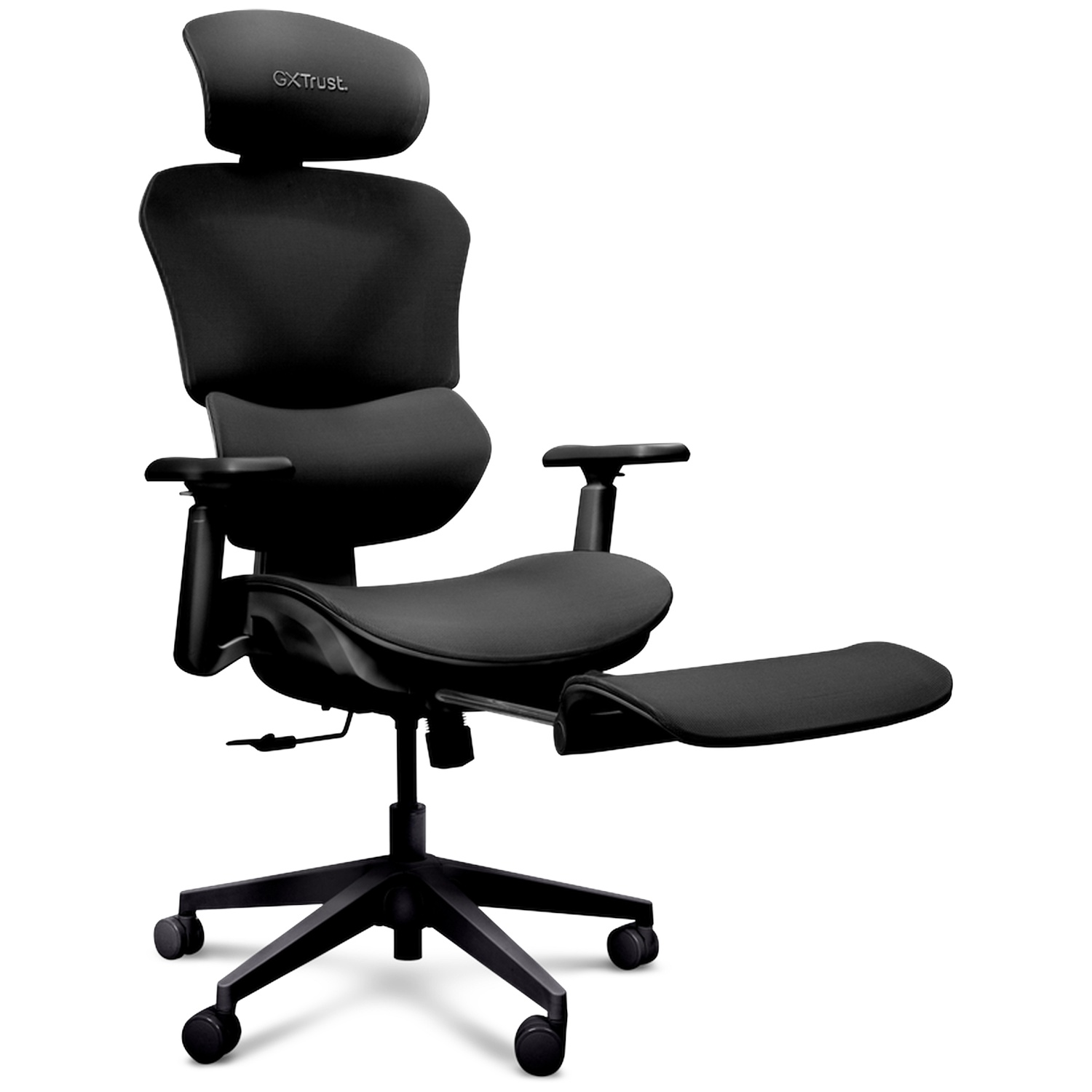 Une chaise de bureau ergonomique noire avec têtière, accoudoirs et repose-pieds extensible sur roulettes.