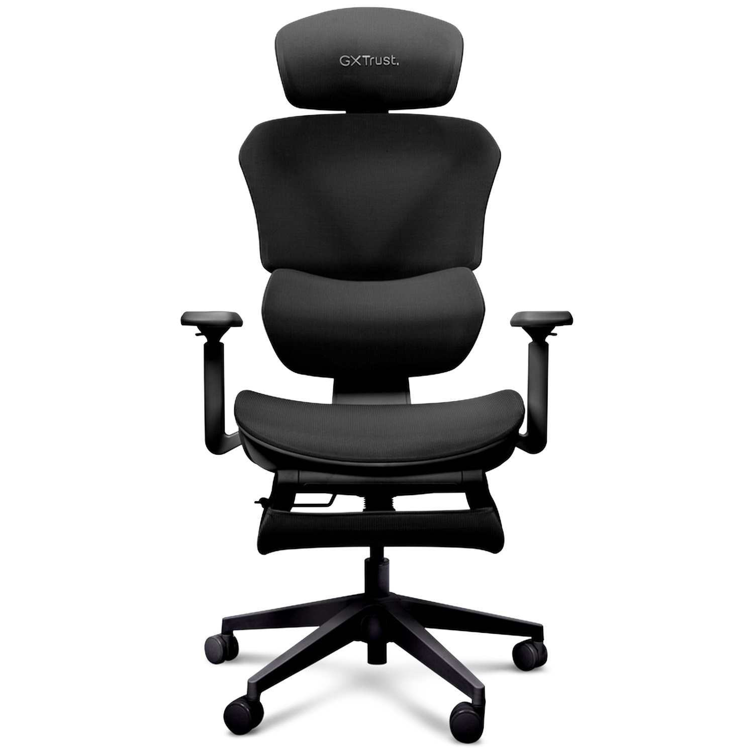 Une chaise de bureau noire GXTrust avec têtière, accoudoirs réglables et roulettes sur fond blanc.