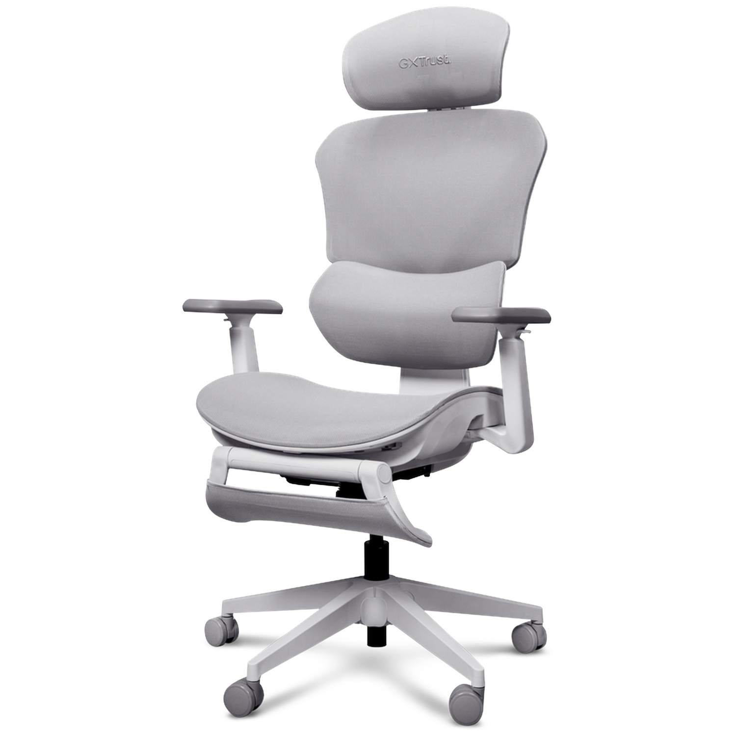 Chaise de bureau ergonomique gris clair moderne avec appui-tête, accoudoirs réglables et repose-pieds.